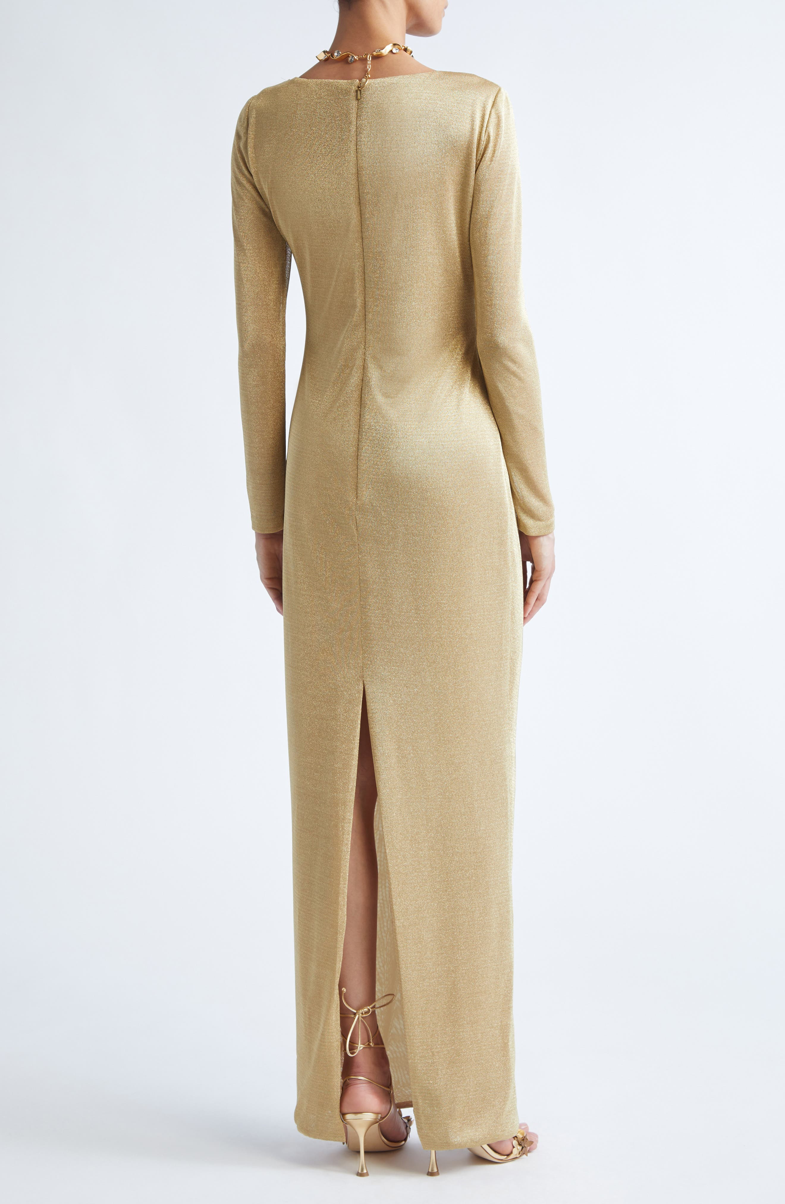 Oscar de la Renta Draped Long Sleeve Metallic Jersey Gown in Gold at Nordstrom - 2