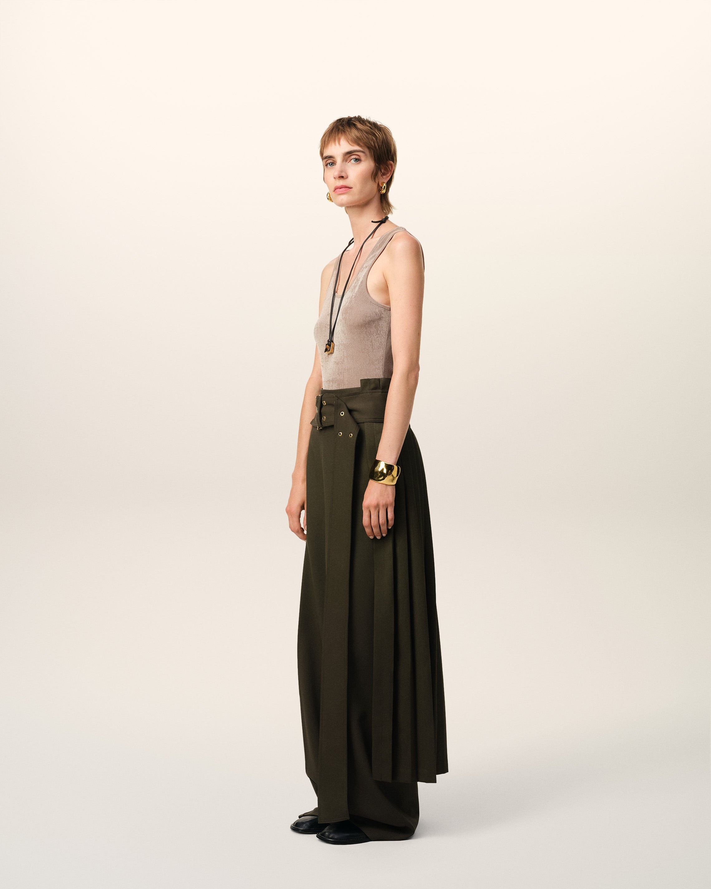 GREEN WOOL TWILL BELTED PLEATED SKIRT - 6