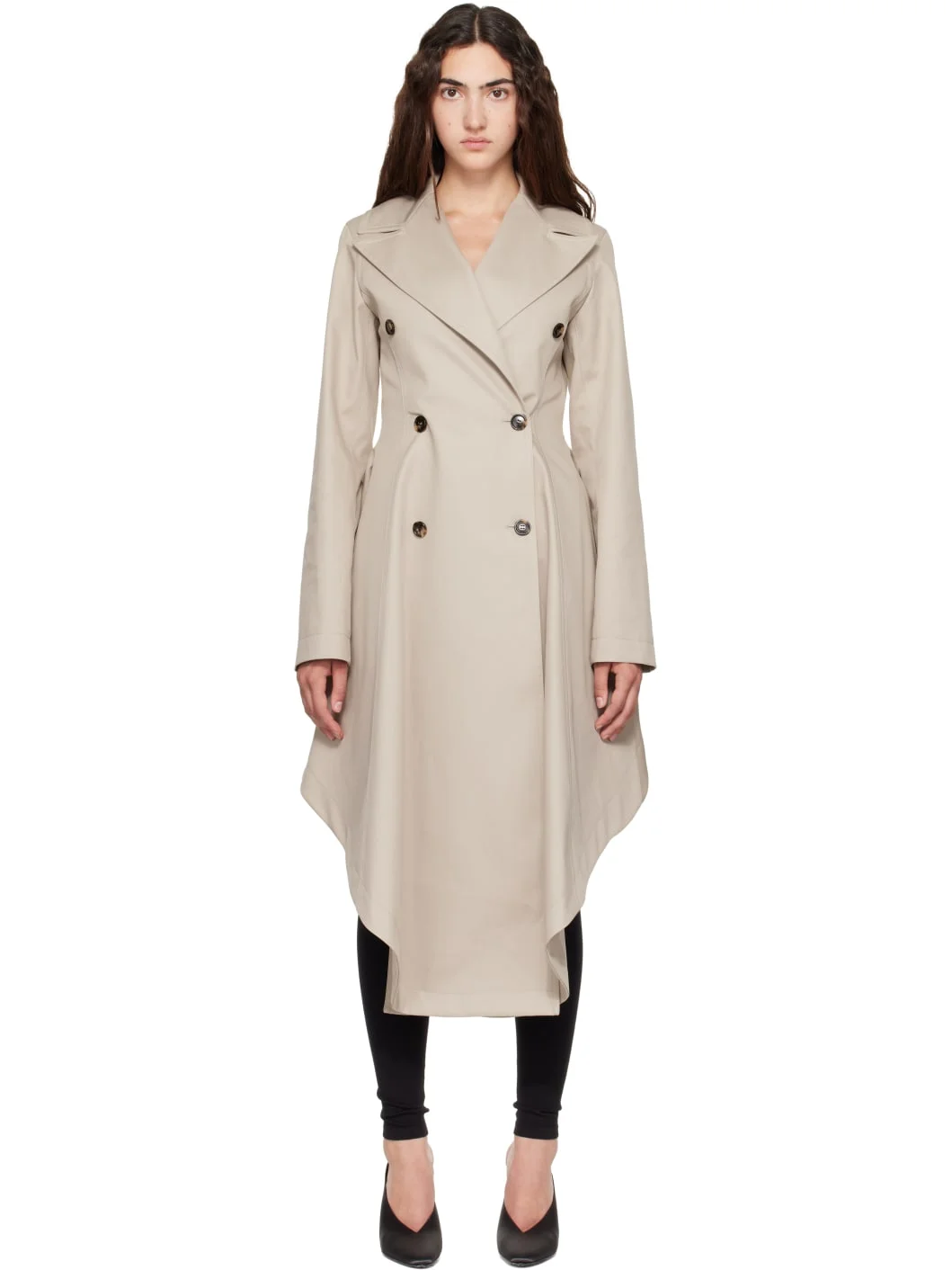 Beige Asymmetric Twill Trench Coat - 1