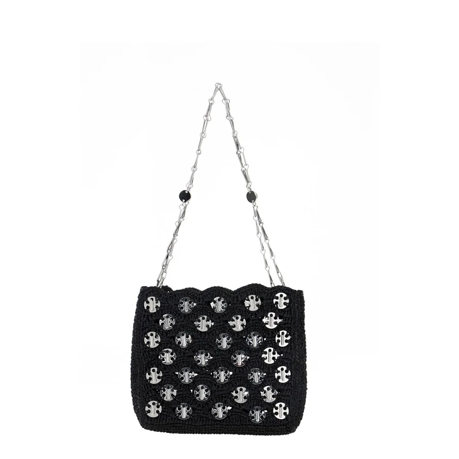 Paco Rabanne Iconic 1969 Black Shoulder Bag With Embedded Metallic Discs In Raphia - 1
