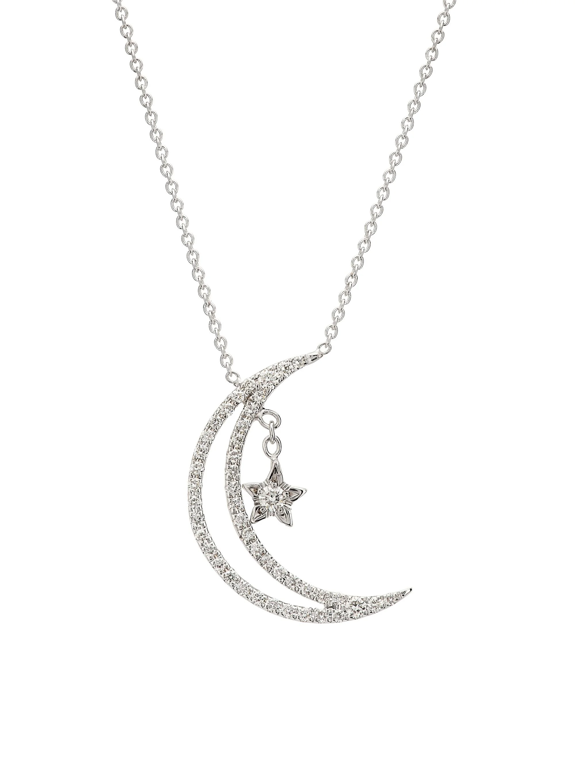 Women's 18K White Gold & 0.27 TCW Diamond Crescent Moon & Star Pendant Necklace - White Gold - 1