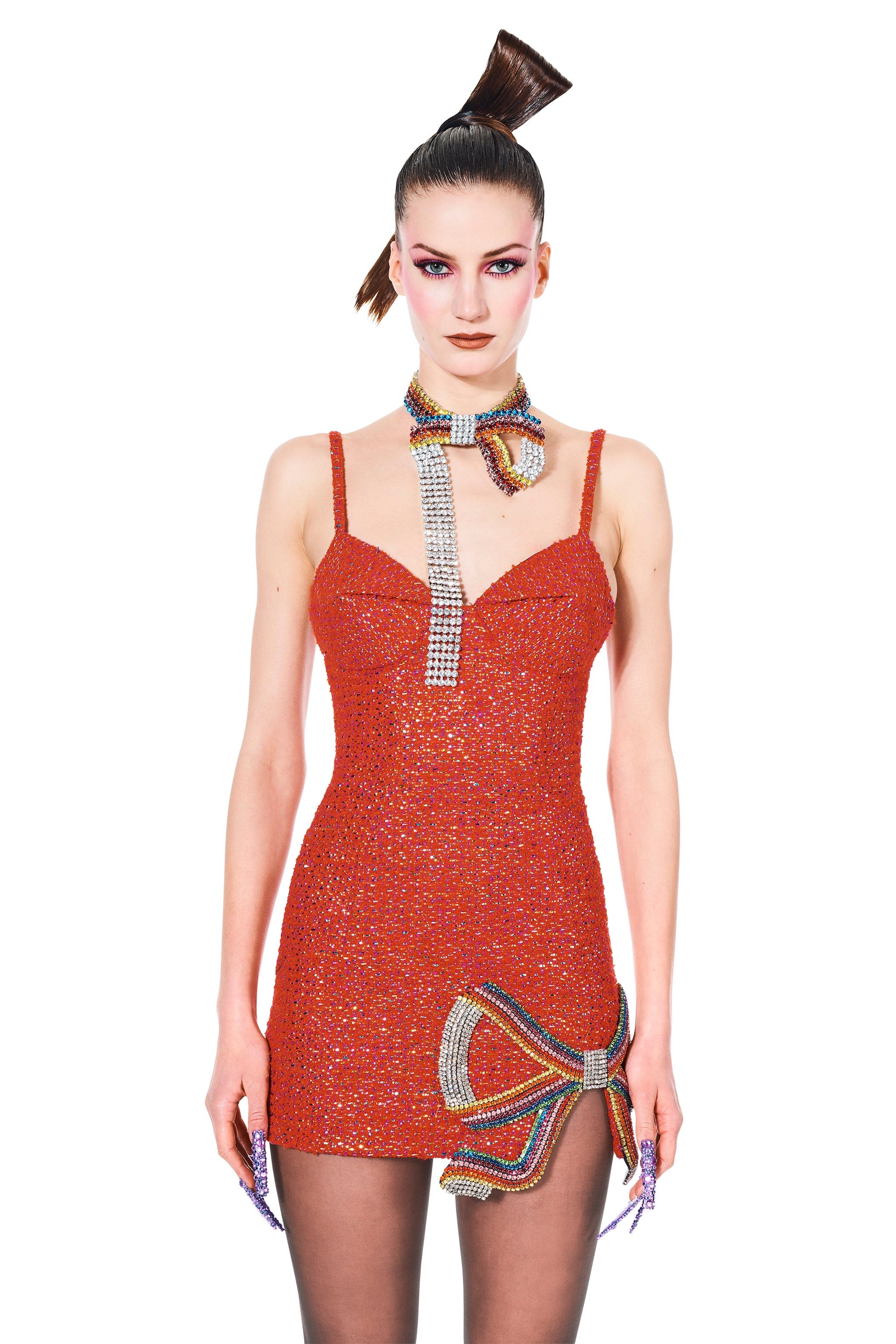 EMBROIDERED CRYSTAL BOW MINI DRESS - 3