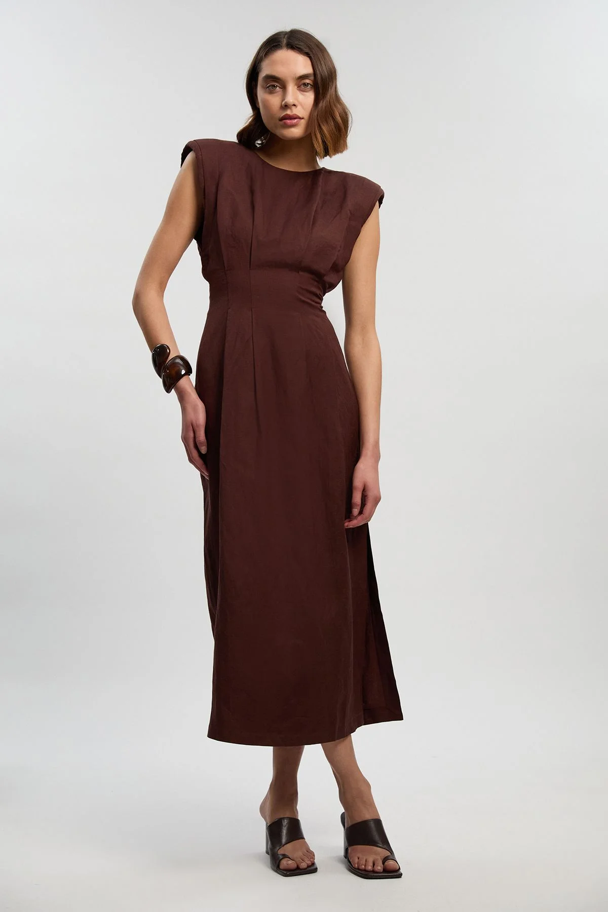 Viscose Linen Woven Pintuck Midi Dress - 1