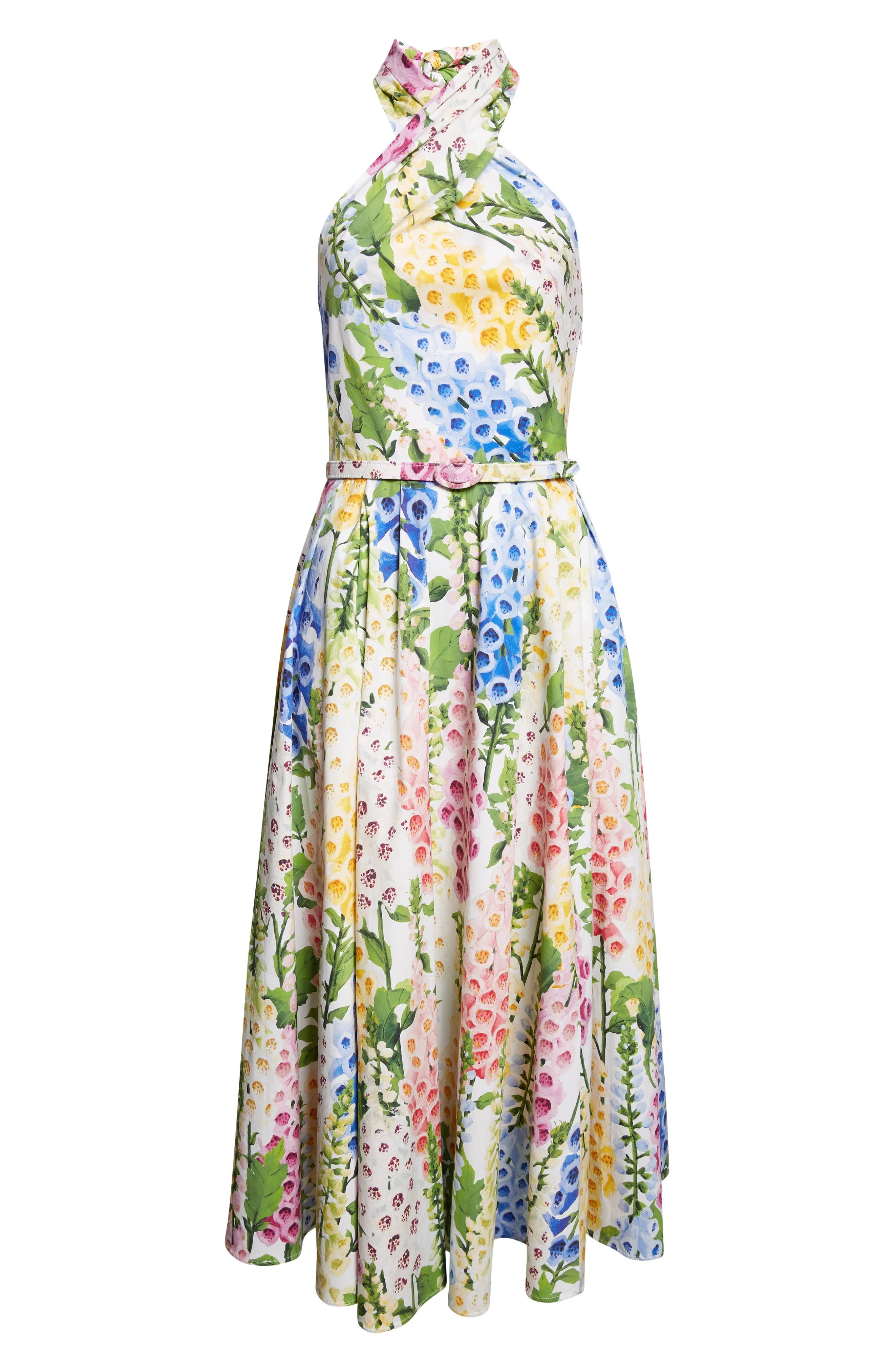 Oscar de la Renta Foxglove Belted Stretch Cotton Poplin Halter Dress in White Multi at Nordstrom - 1