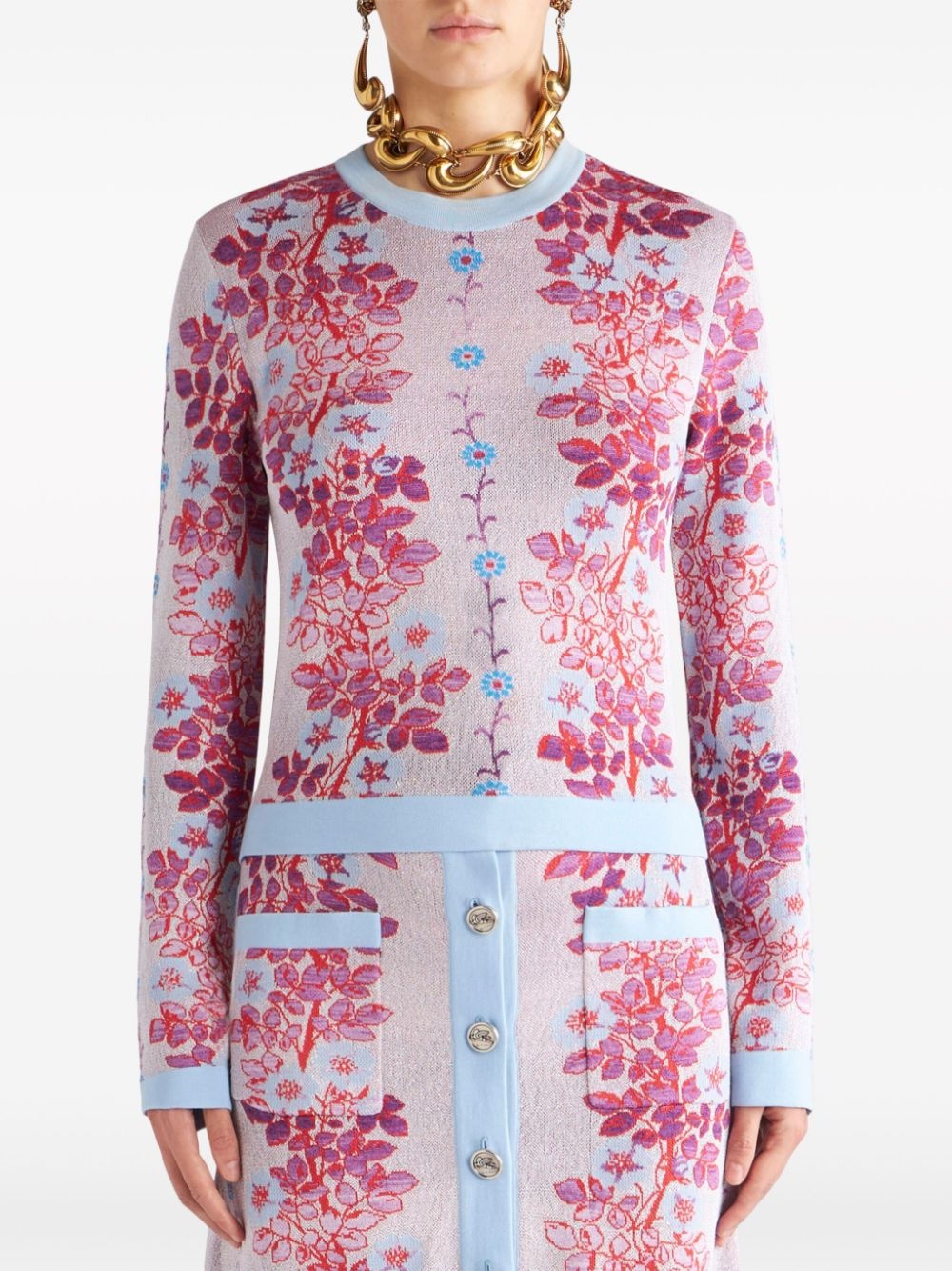 floral-jacquard crew-neck blouse - 3