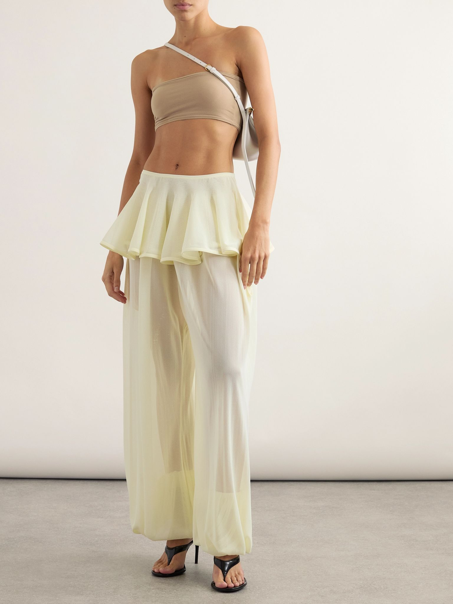 Pleated georgette peplum tapered pants Pastel yellow - 2
