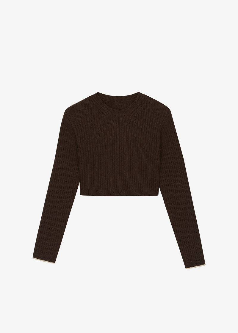 Ritsem Cropped Ribbed Wool Sweater - Dark Brown 1