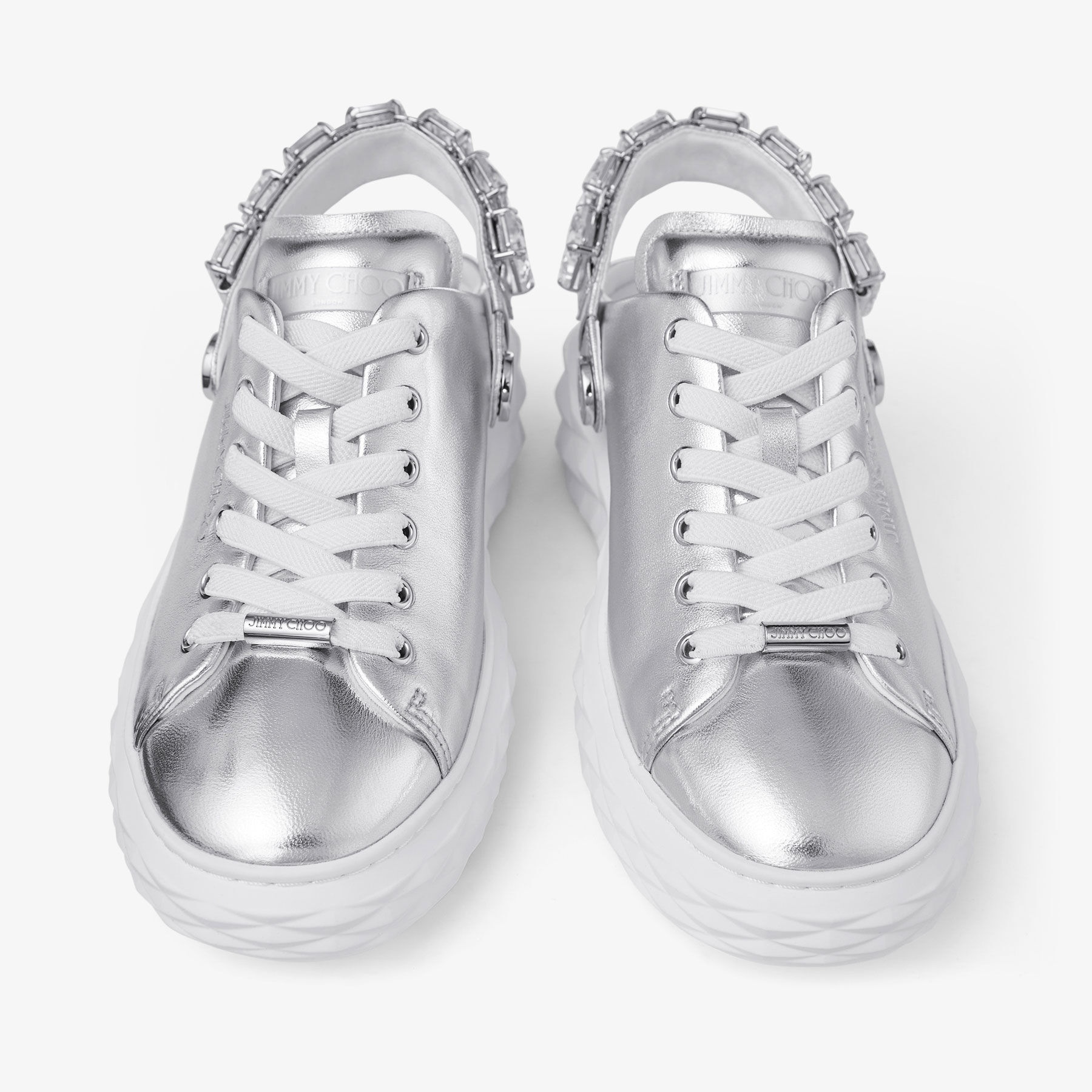 Diamond Sling
Silver Metallic Leather Slipper Trainers with Crystal Strap - 6