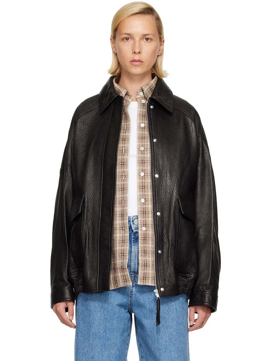 Black Grain Aviator Leather Jacket - 1