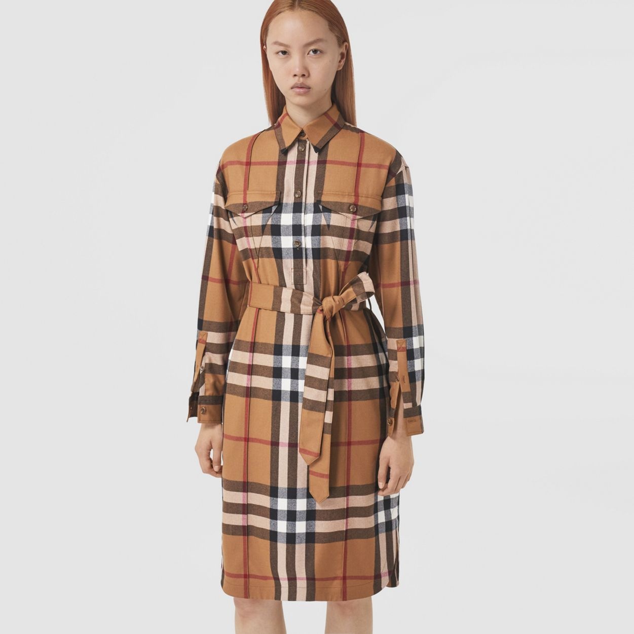 Check Wool Tie-waist Shirt Dress - 6