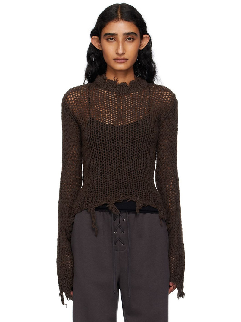 Brown Distressed Crop Knit Sweater 1