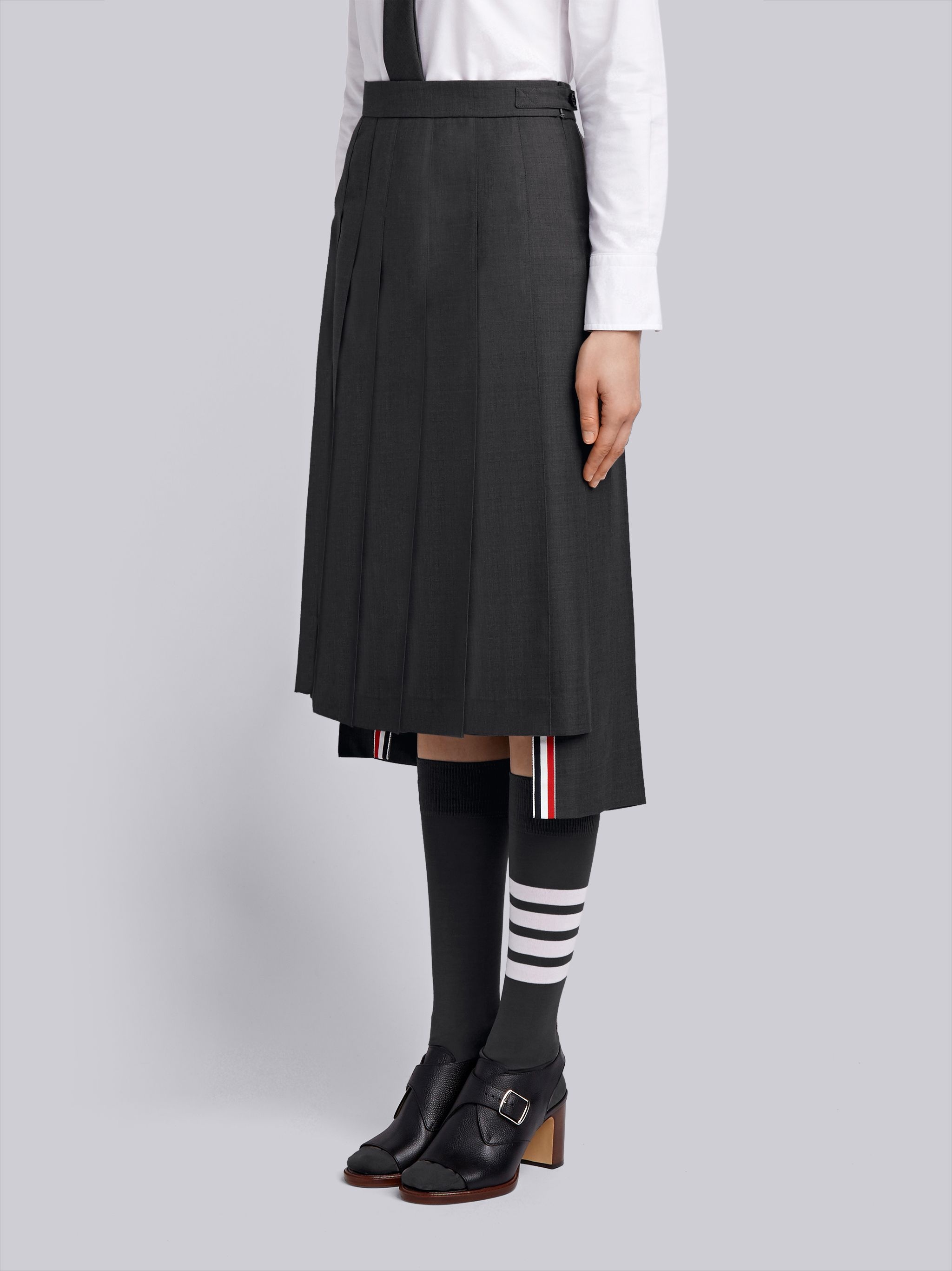 Dark Grey Super 120's Twill Below Knee Pleated Skirt - 2