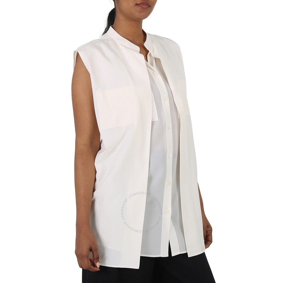 Burberry Neutral White Suziesl Crepe De Chine Logo Detail Sleeveless Silk Shirt - 5