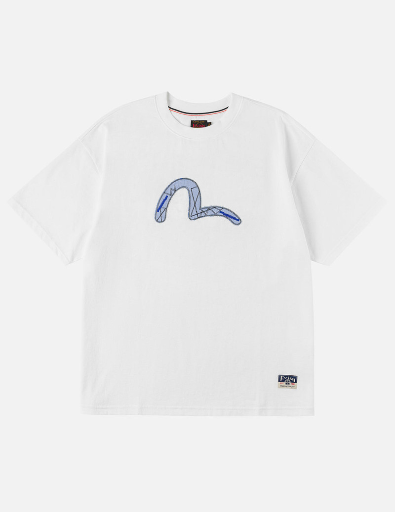 Fabric-mix Patchwork Seagull and Logo Applique T-shirt 4