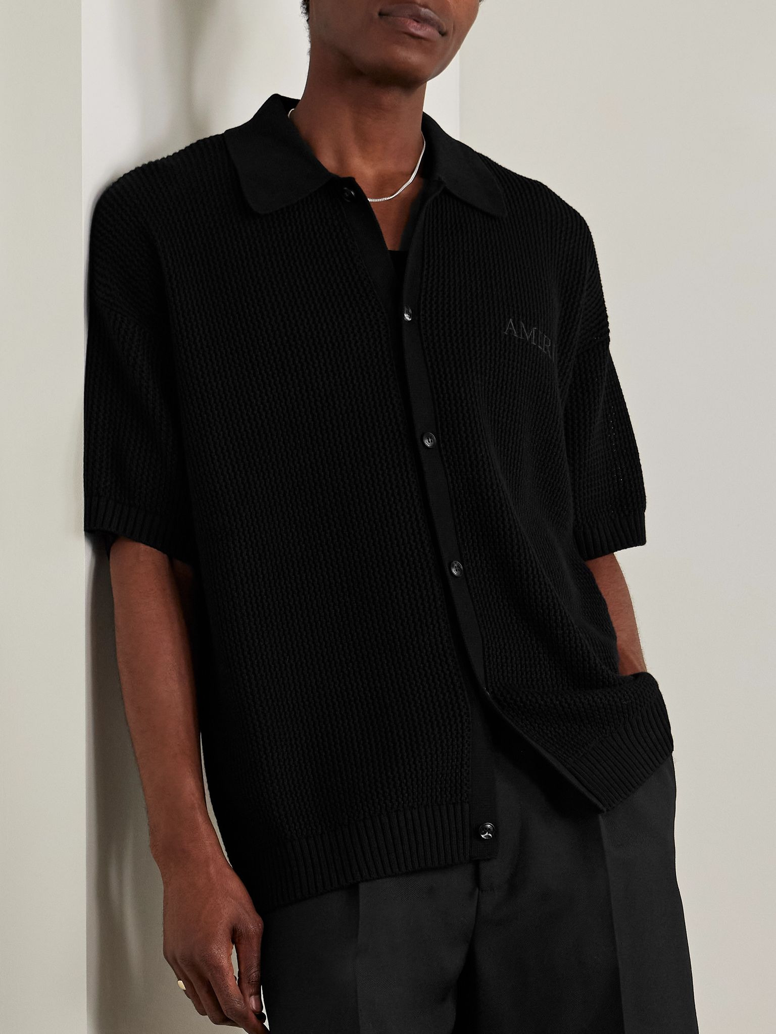 Logo-Embroidered Crocheted Cotton Shirt Black - 3