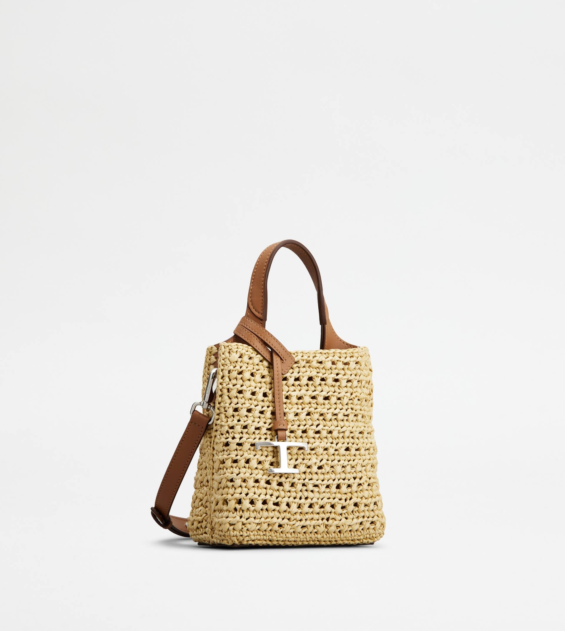 MICRO BAG IN RAFFIA AND LEATHER - BEIGE, BROWN - 2