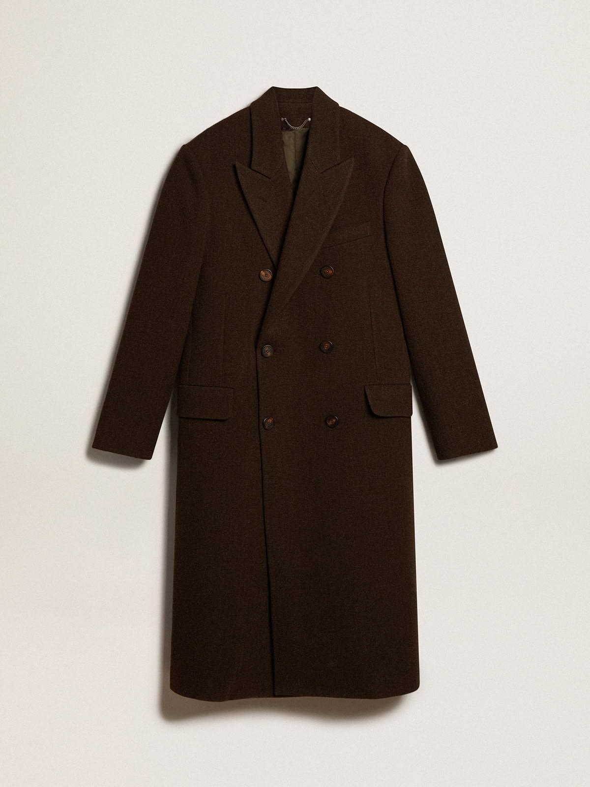 Men's single-breasted wool coat with beige and gray herringbone weave