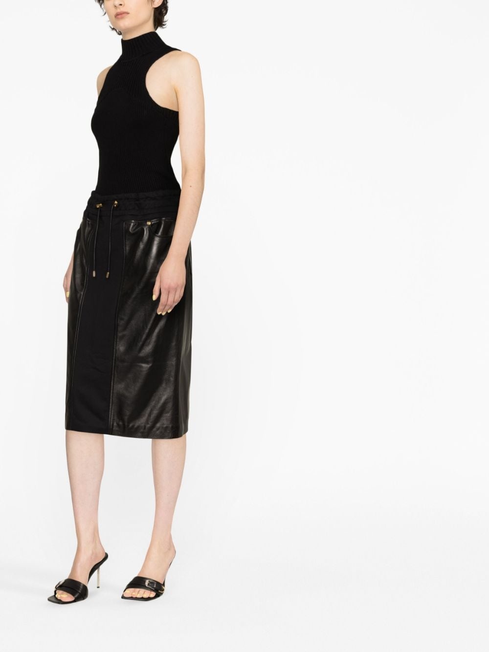 panelled leather and cotton-blend jersey midi skirt - 3