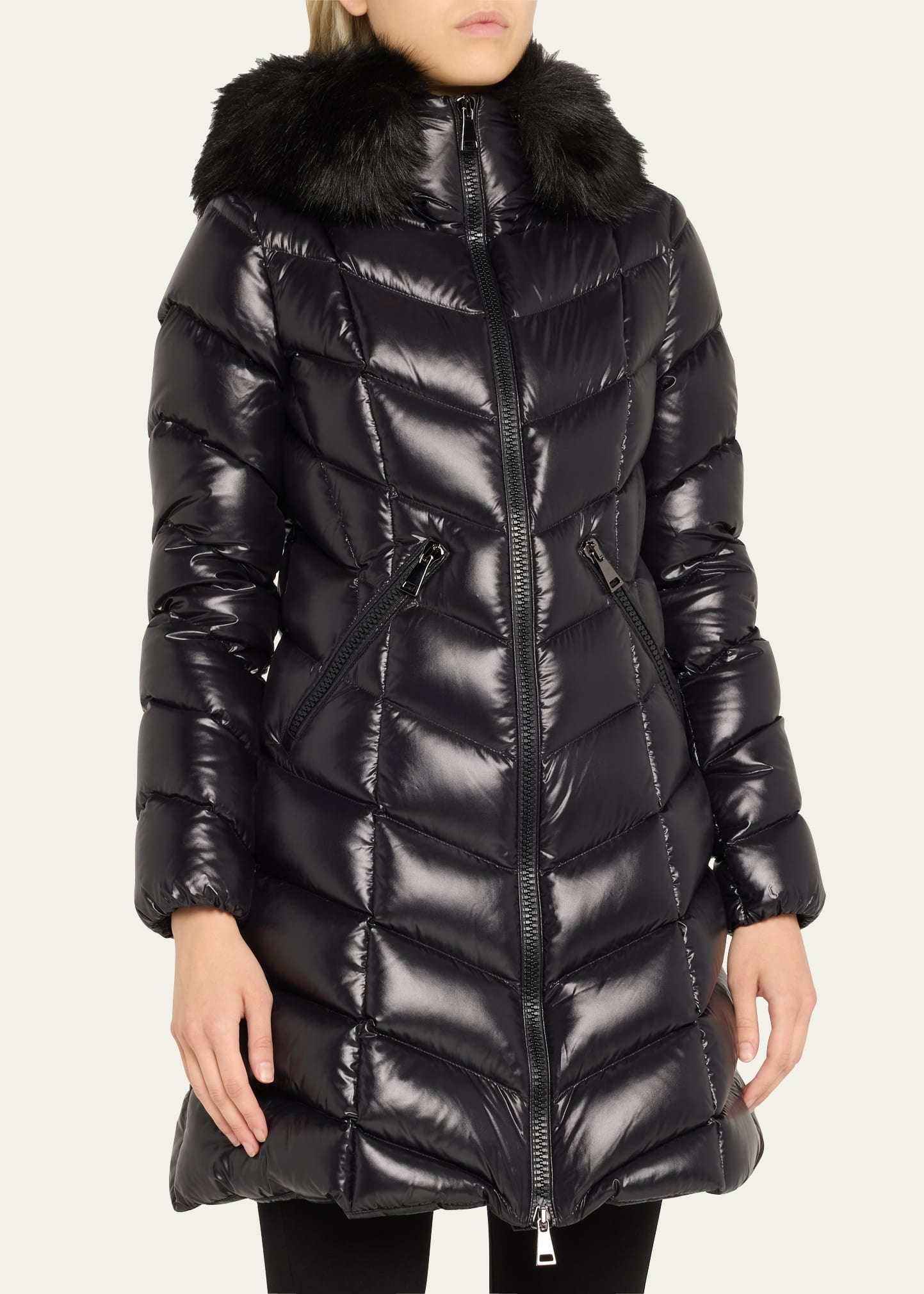 Fulmarus Chevron-Quilted Long Puffer Coat with Faux Fur Trim - 4
