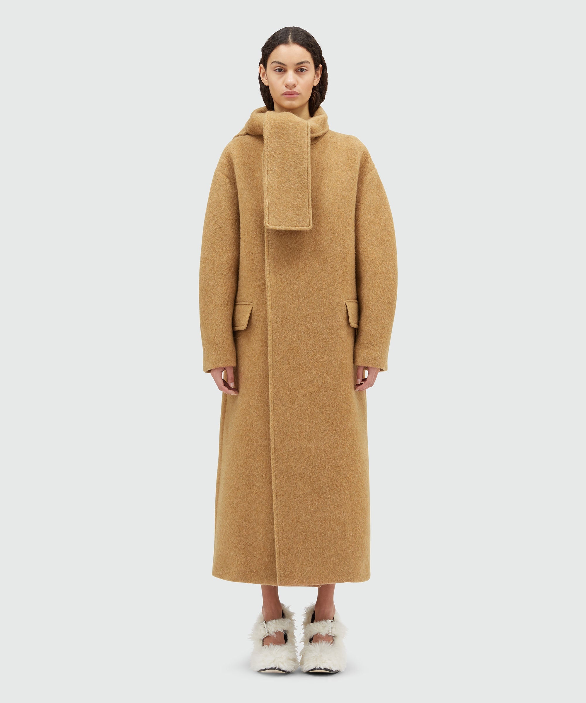Blended wool long coat with scarfed collar - 2