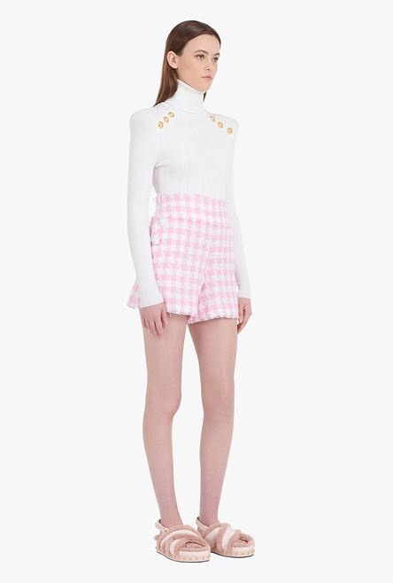 High-waisted white and pale pink tartan tweed shorts - 7