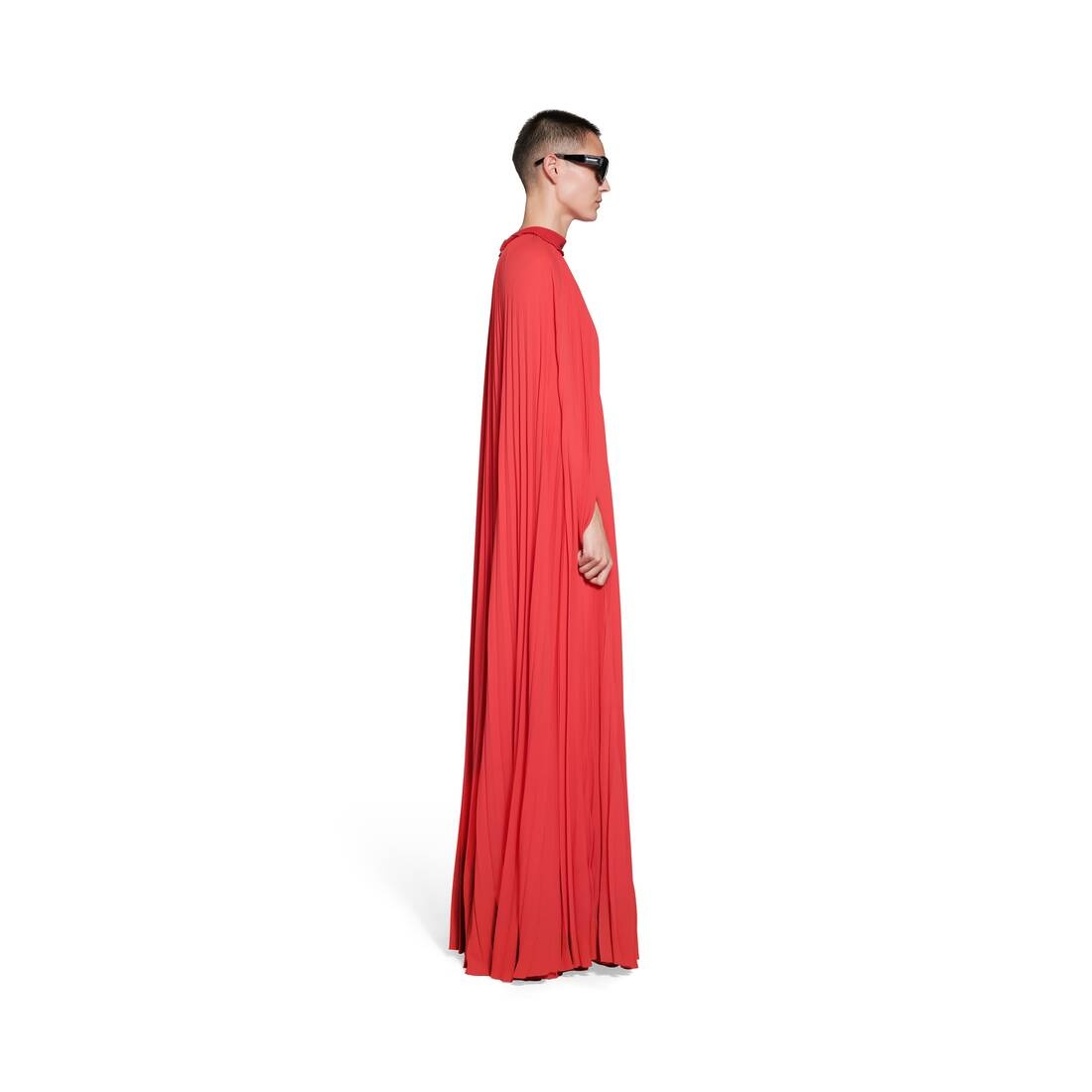 Women's Pleated Cape Maxi Dress in Red - 3