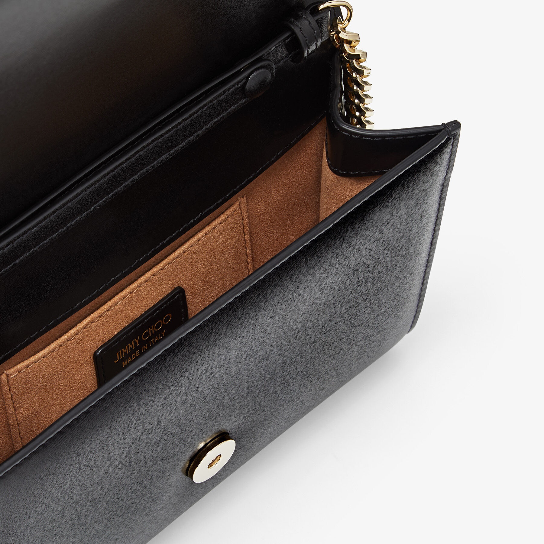 Varenne Clutch
Black Leather Clutch Bag with Crystal Bar and Gold JC Emblem - 4