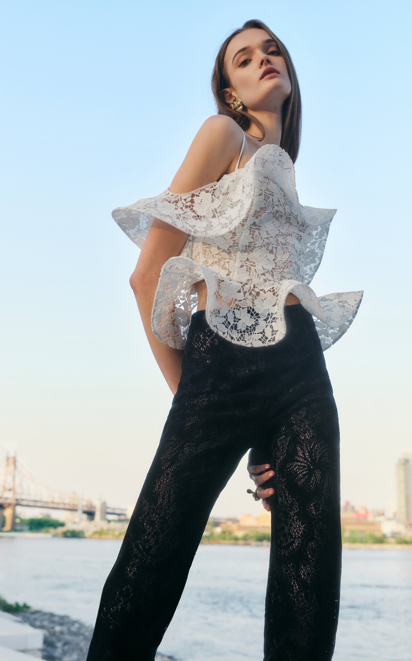Flocked Floral Lace Straight-Leg Pants black - 3