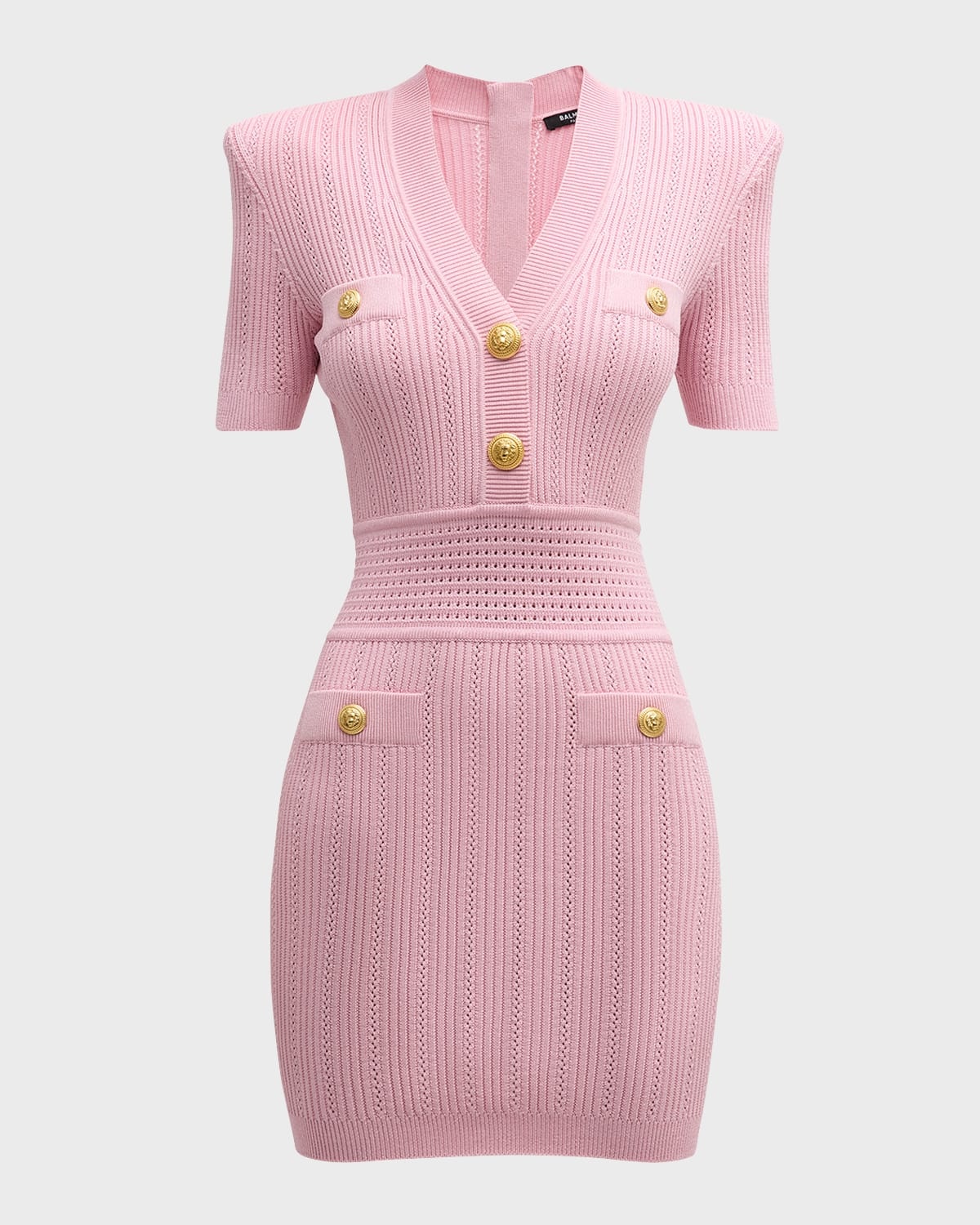 V-Neck Short-Sleeve Strong-Shoulder Pointelle Knit Mini Dress - 1