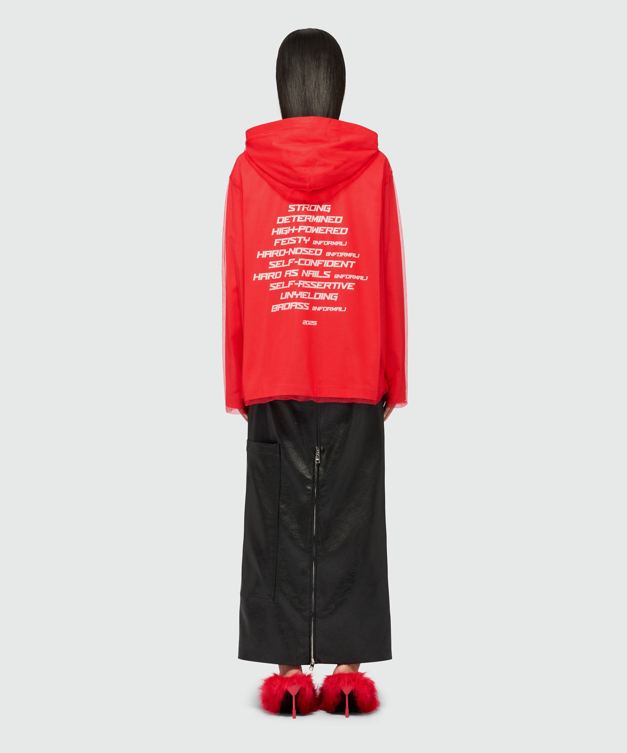 Red hooded sweatshirt in tulle and cotton with "SOFT" print - 3