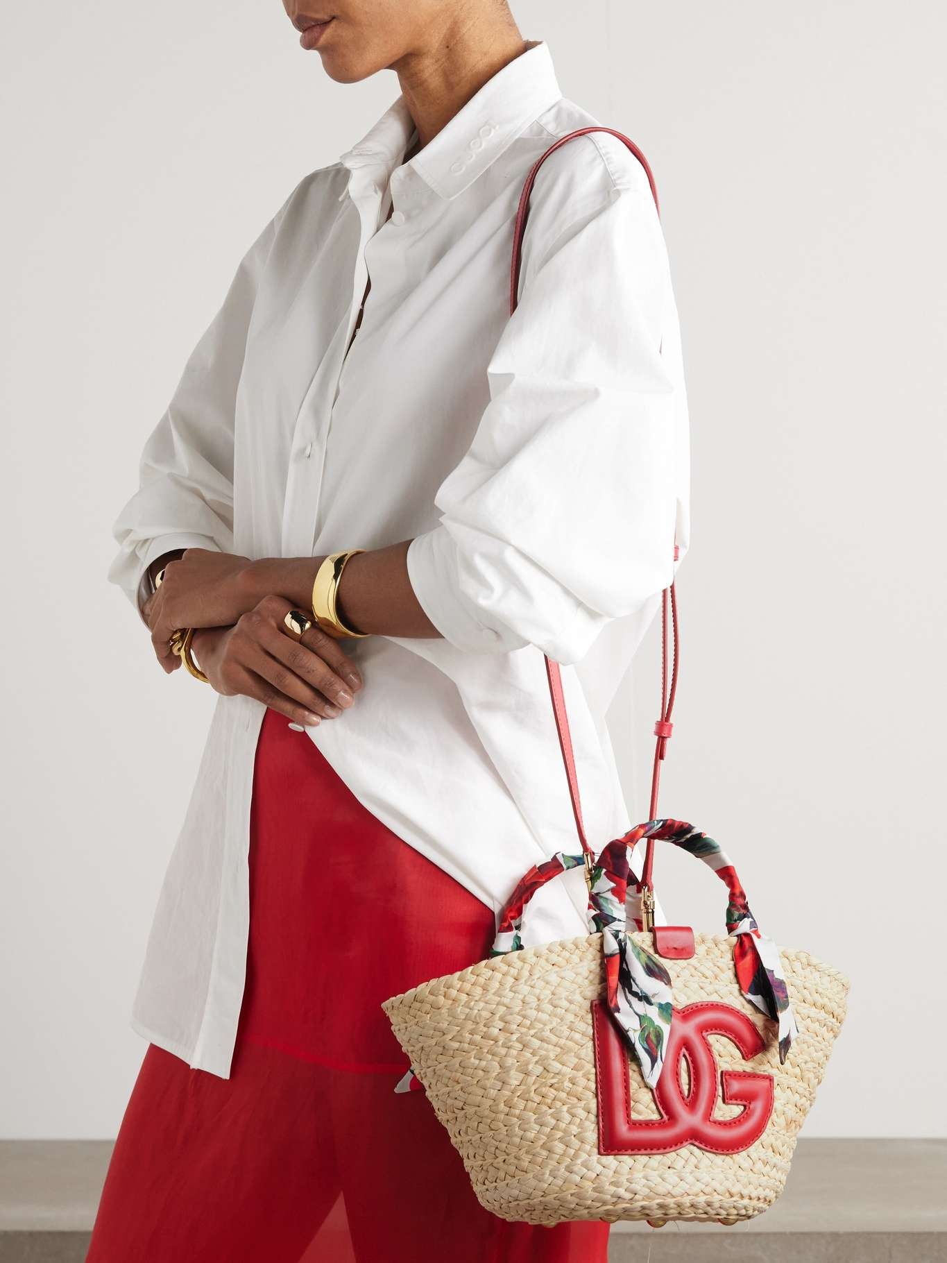 Kendra floral-print silk-twill and leather-trimmed woven straw tote Beige - 6