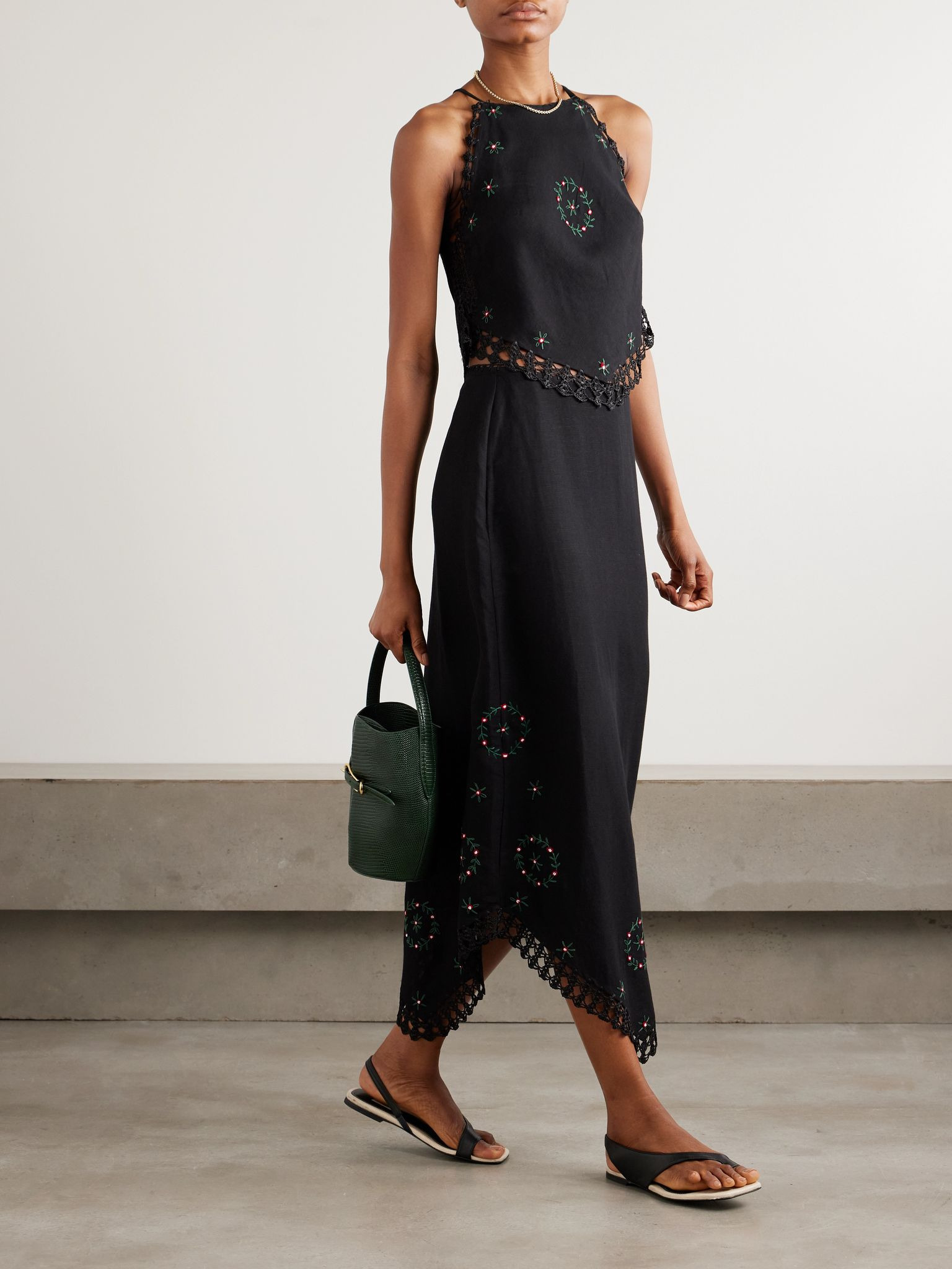 Imola crochet-trimmed embroidered linen-blend midi skirt Black - 2