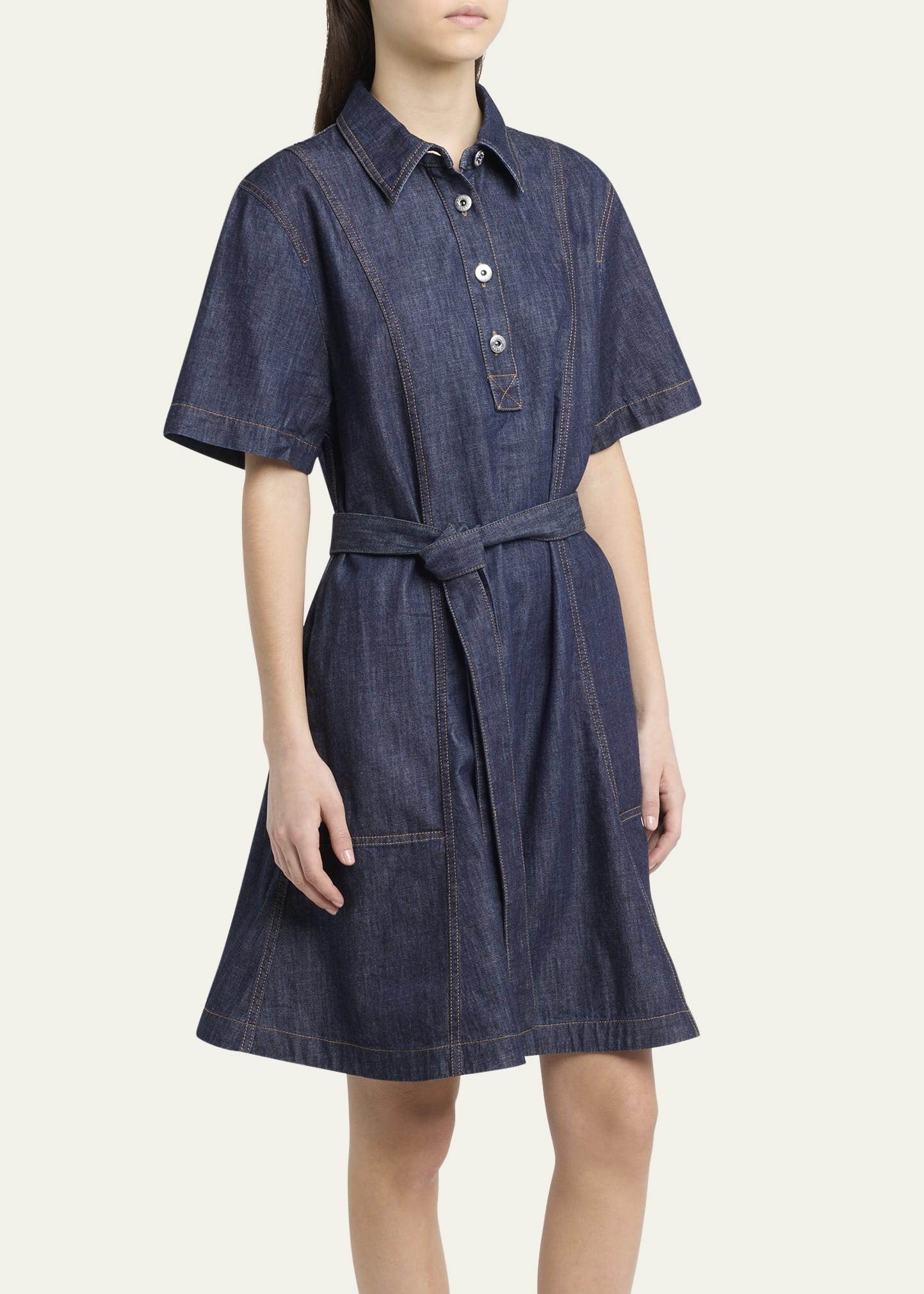 Short-Sleeve Belted Denim Shirtdress - 4