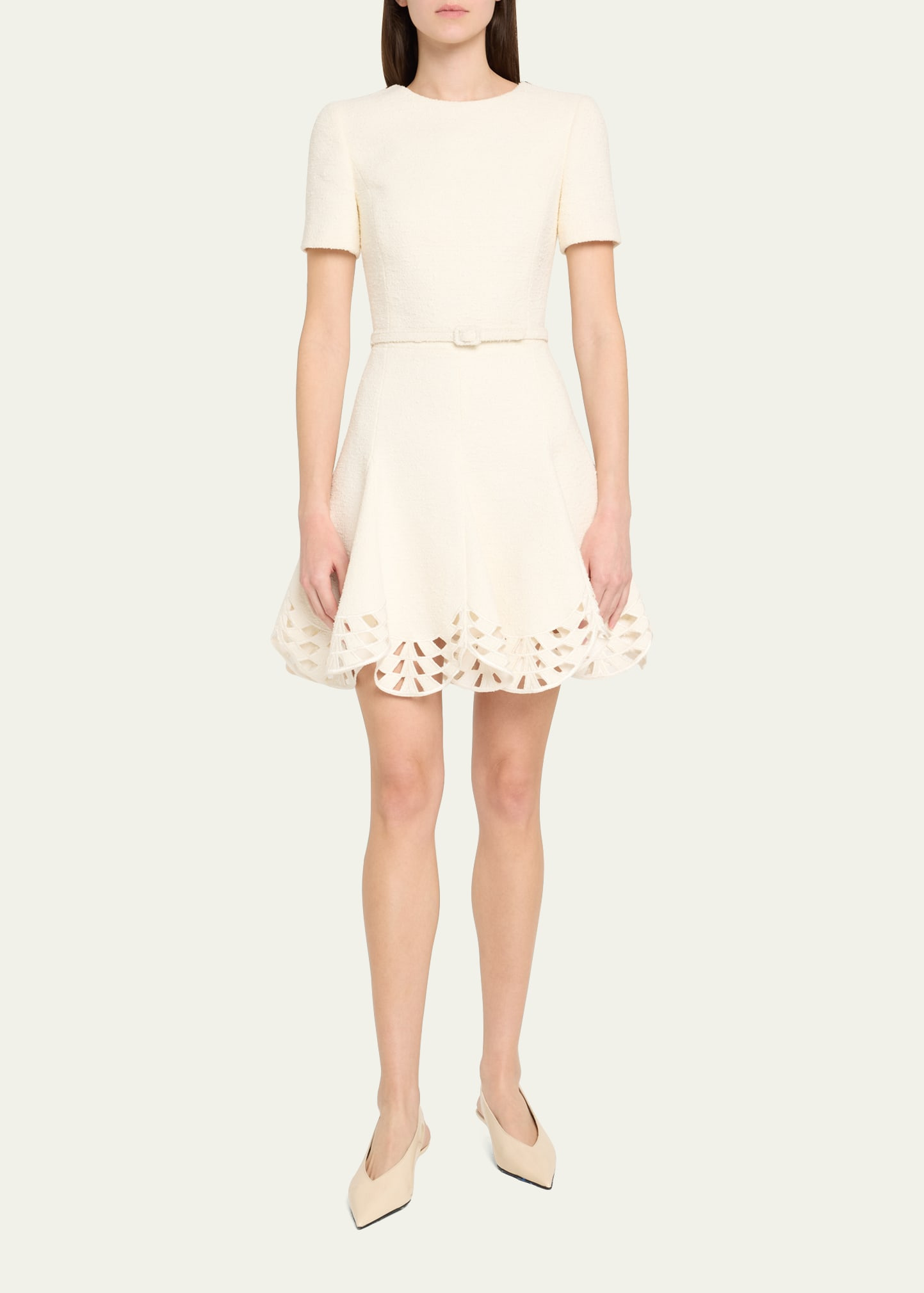 Short-Sleeve Cutout-Hem Tweed Mini Dress With Belt - 2
