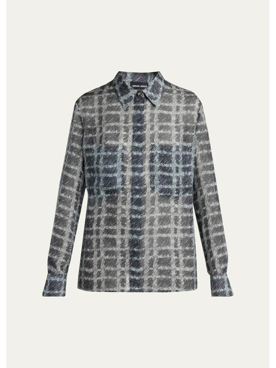 Sheer Silk Plaid Button-Front Shirt - 1