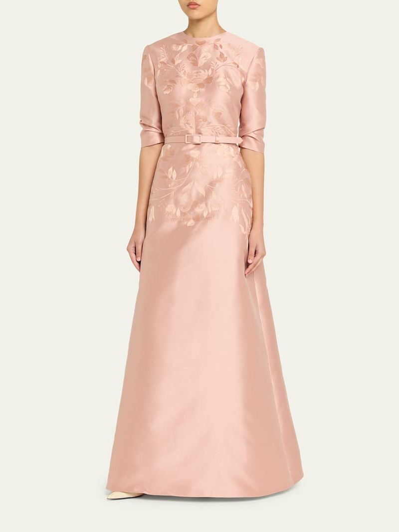 Embroidered Mikado Silk 3/4-Sleeve Gown With Belt 4