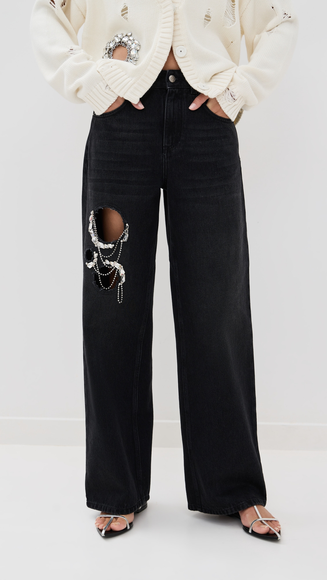 Crystal Chain Cutout Relaxed Jeans - 6