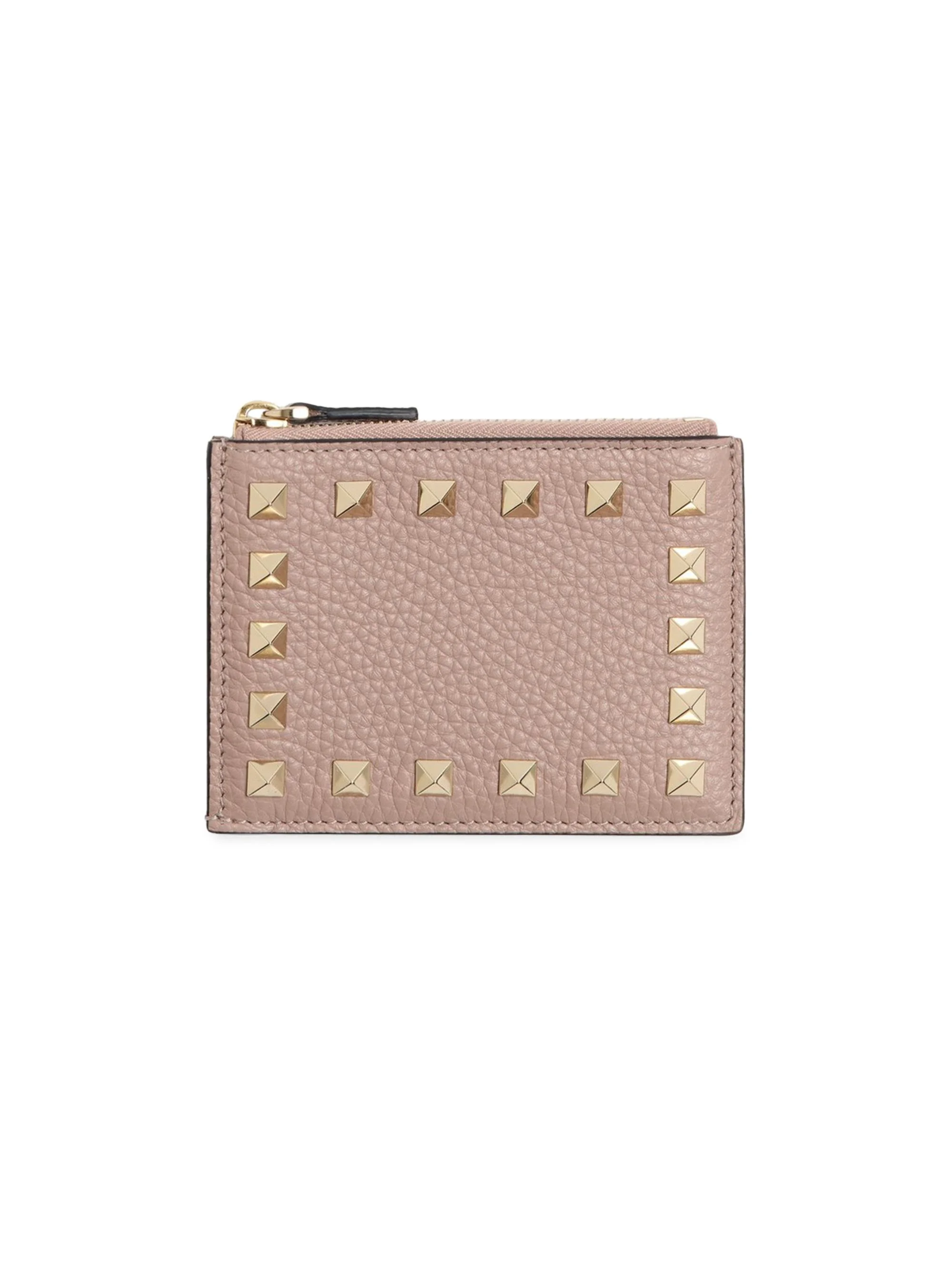 Women's Rockstud Grainy Calfskin Cardholder with Zipper - Poudre - 1