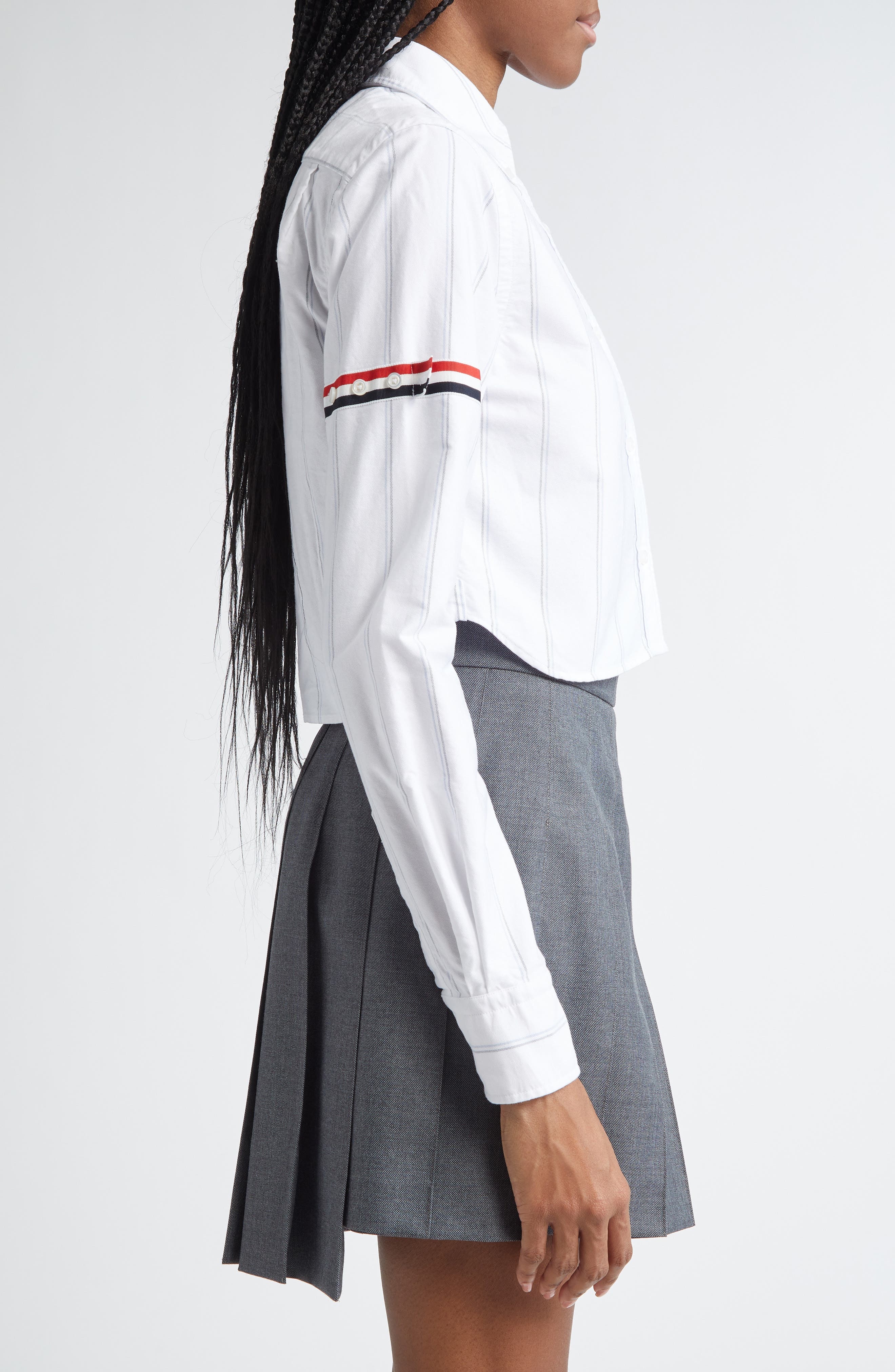Thom Browne Armband Stripe Cotton Poplin Crop Button-Down Shirt in White at Nordstrom - 3