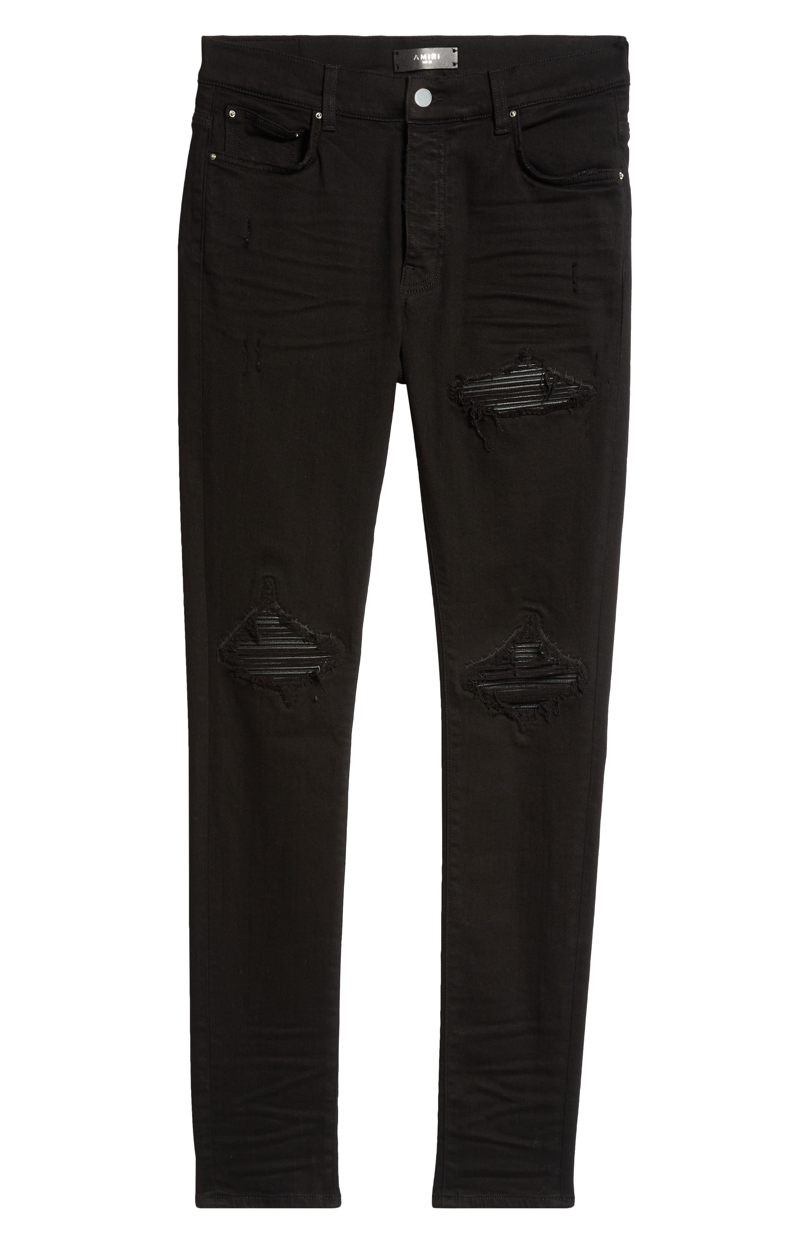 AMIRI MX1 Leather Patch Ripped Skinny Jeans in Black Od at Nordstrom - 6