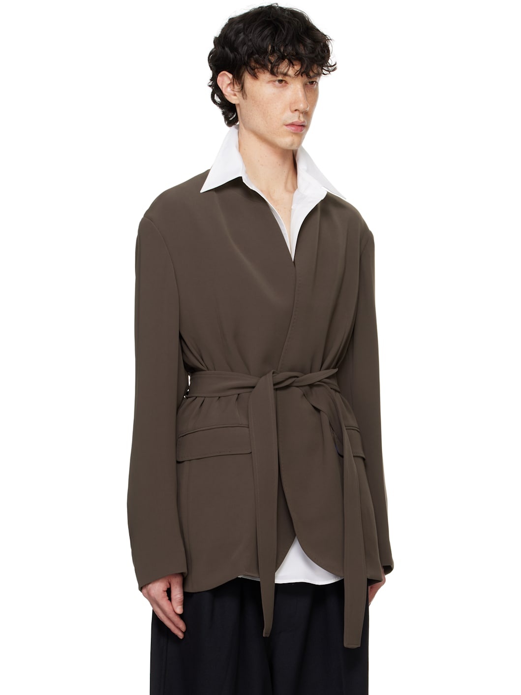 Taupe Stand Up Shawl Collar Blazer - 2