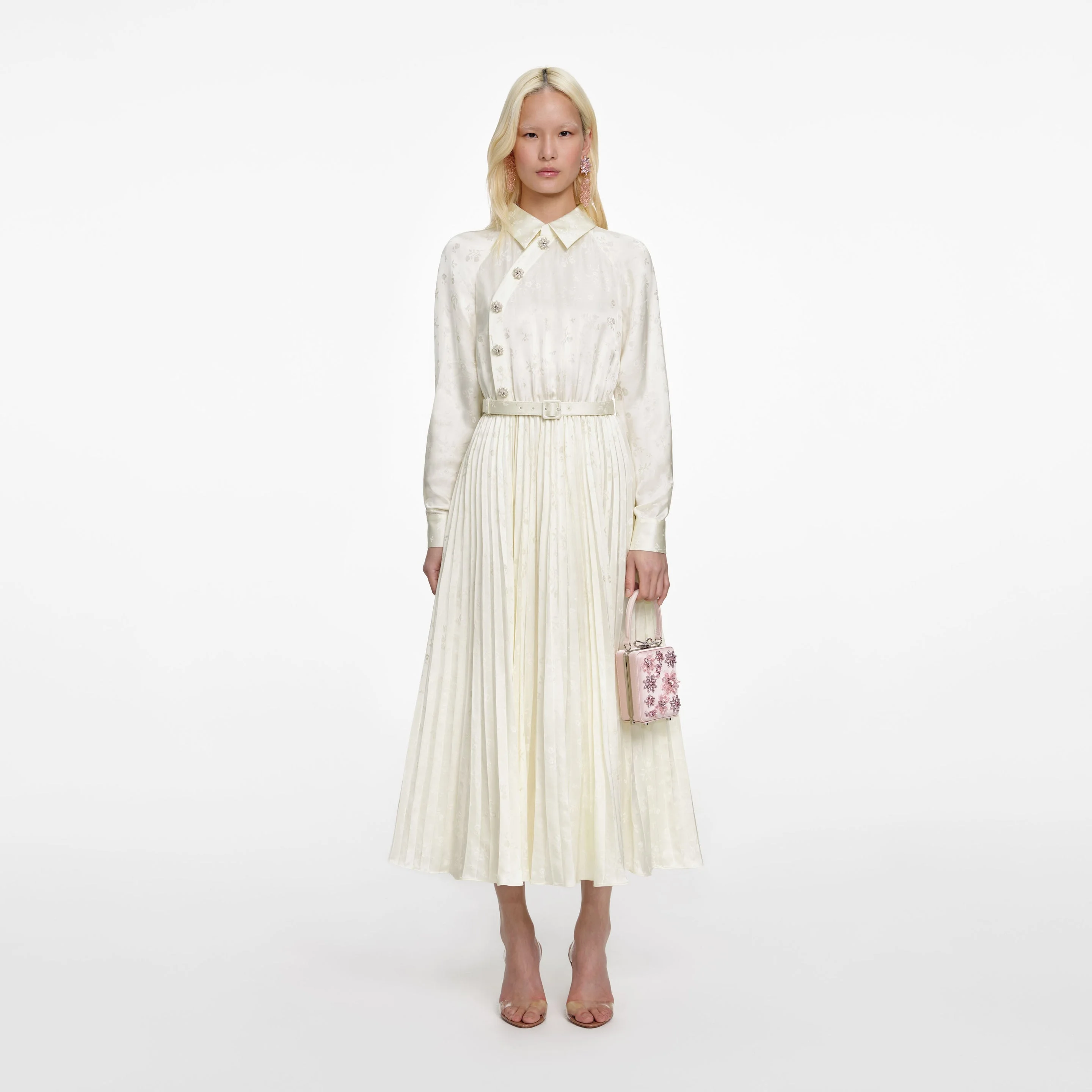 Cream Satin Jacquard Midi Dress - 1