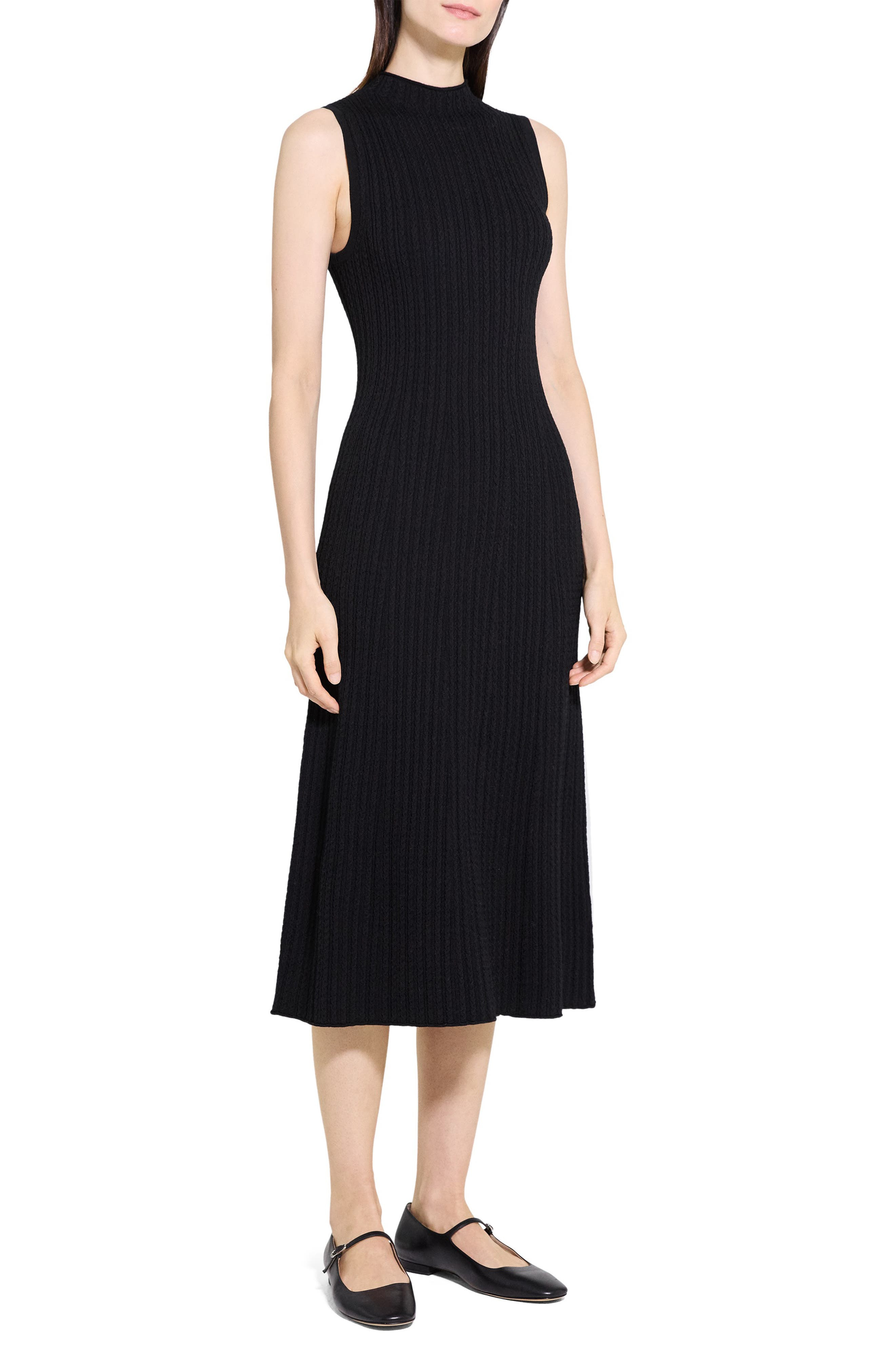 Theory Cable Stitch Sleeveless Wool Blend Sweater Midi Dress in Black at Nordstrom - 3