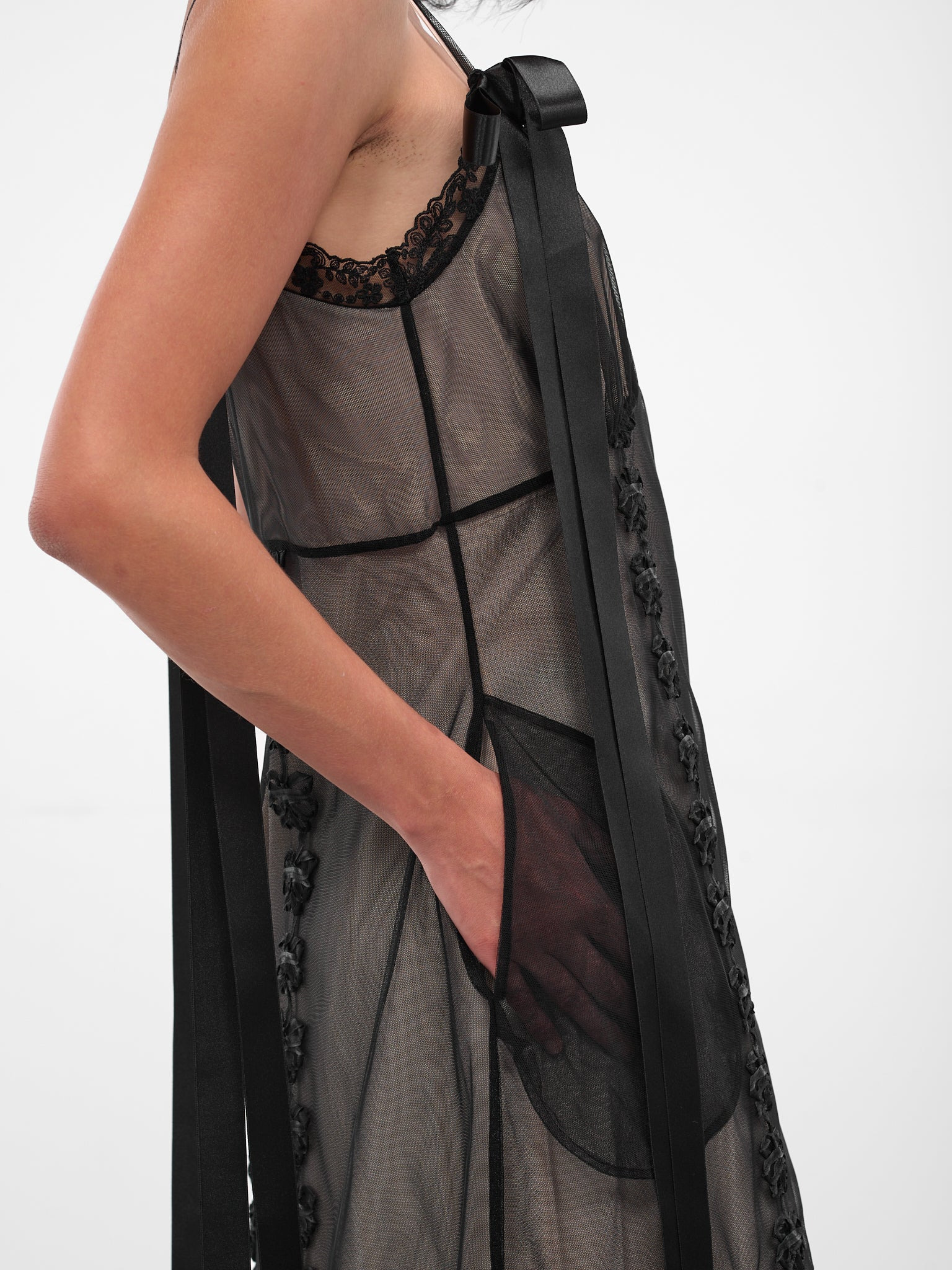 Black Layered Slit Ribbon Dress - 5