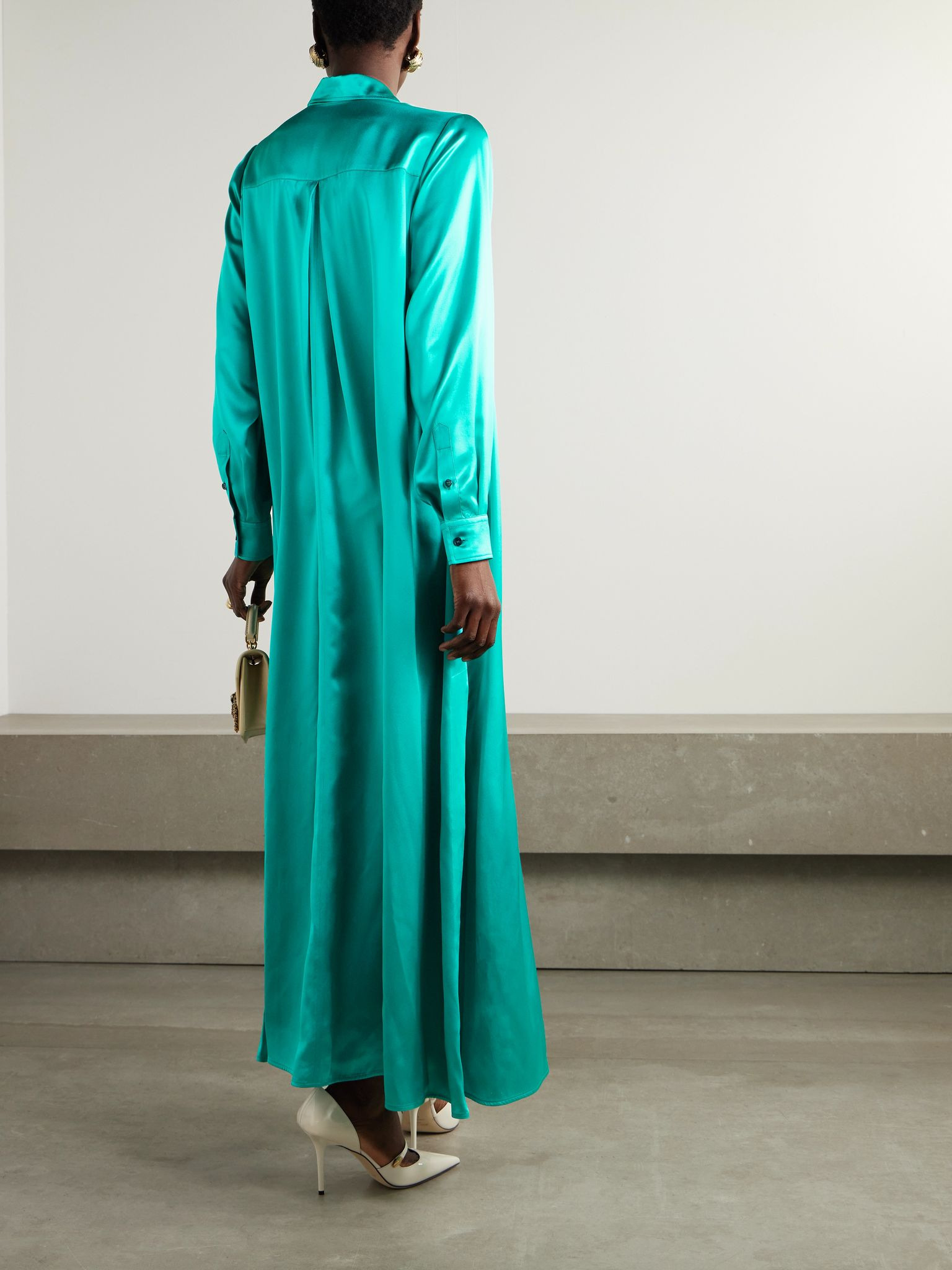 Silk-satin maxi shirt dress Turquoise - 3