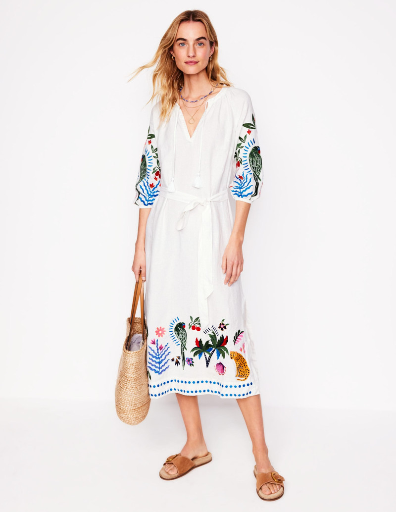 Embroidered Linen Tassel Dress-Ivory 5
