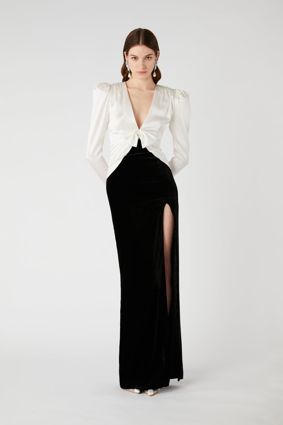 VELVET AND SILK SATIN DRESS WITH BOW AND SPLIT - 4