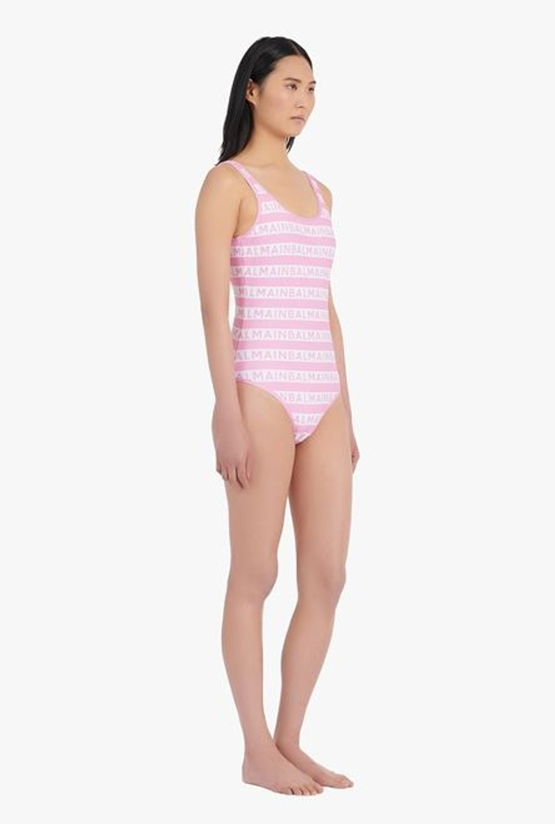 Bicolor pink and white swimsuit with Balmain monogram 7