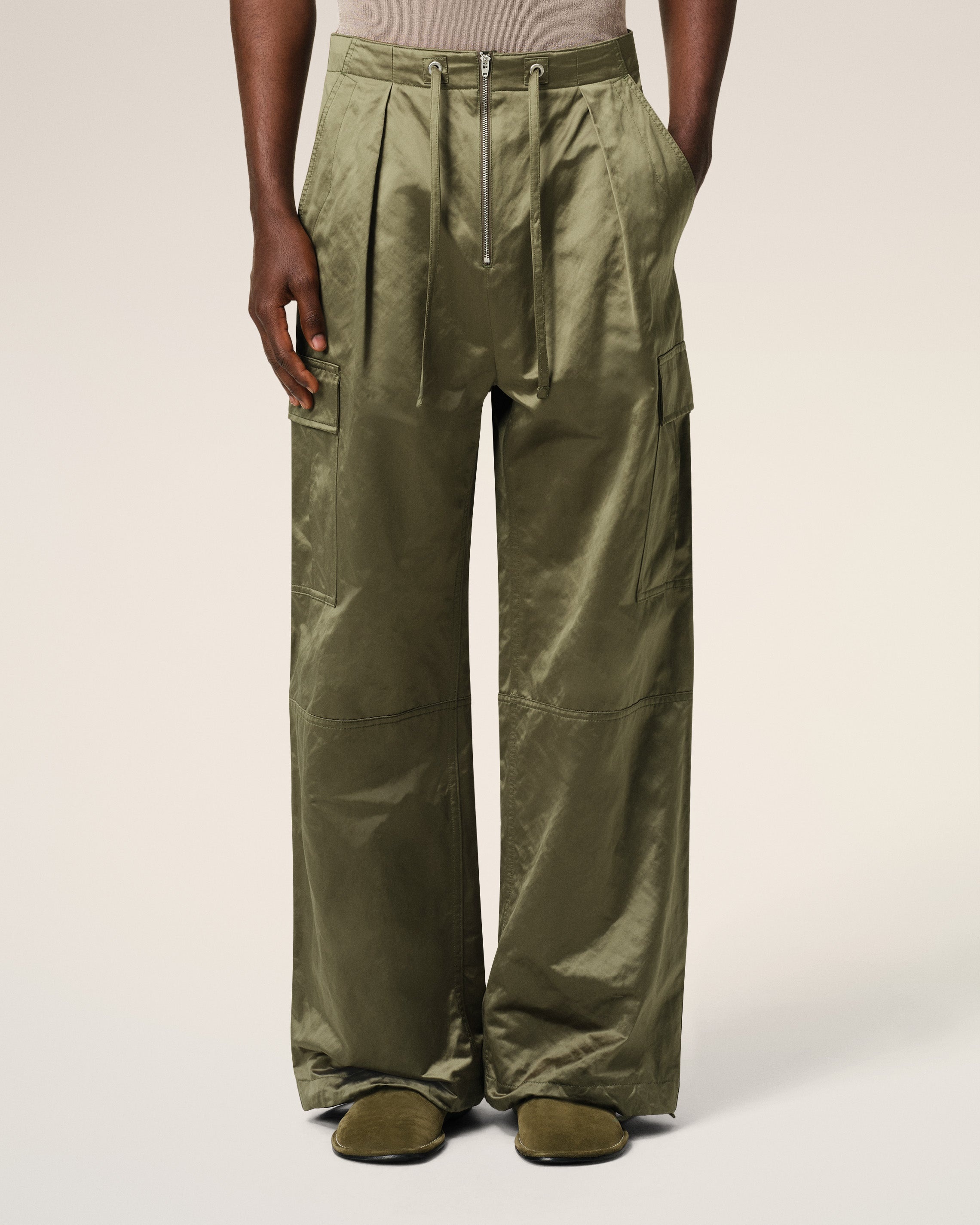 GREEN COTTON SATIN ZIPPED CARGO TROUSERS - 3