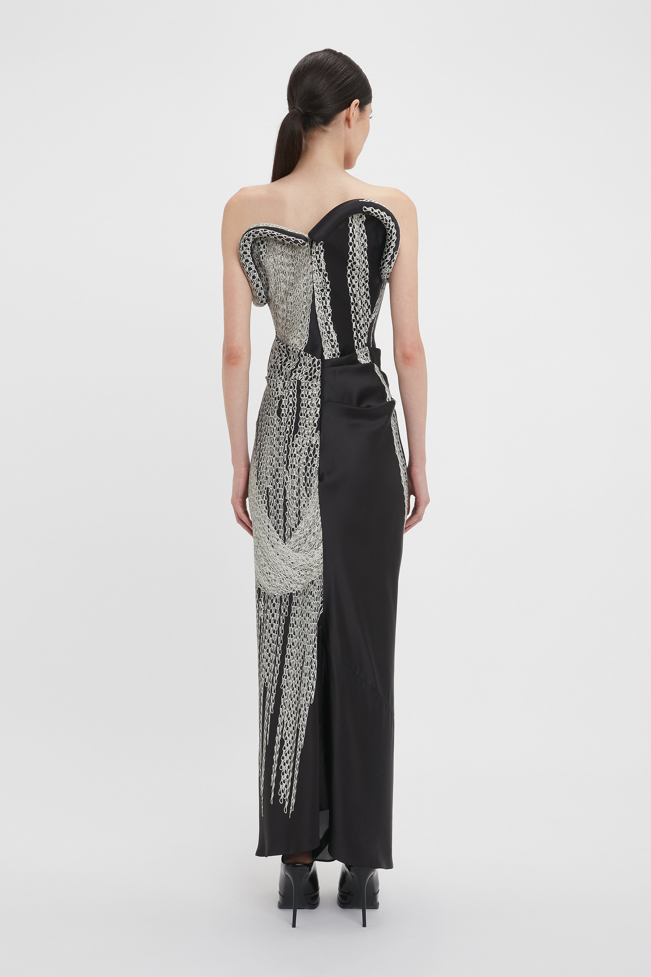 Asymmetric Corset Detail Gown In Black Chain Print - 4